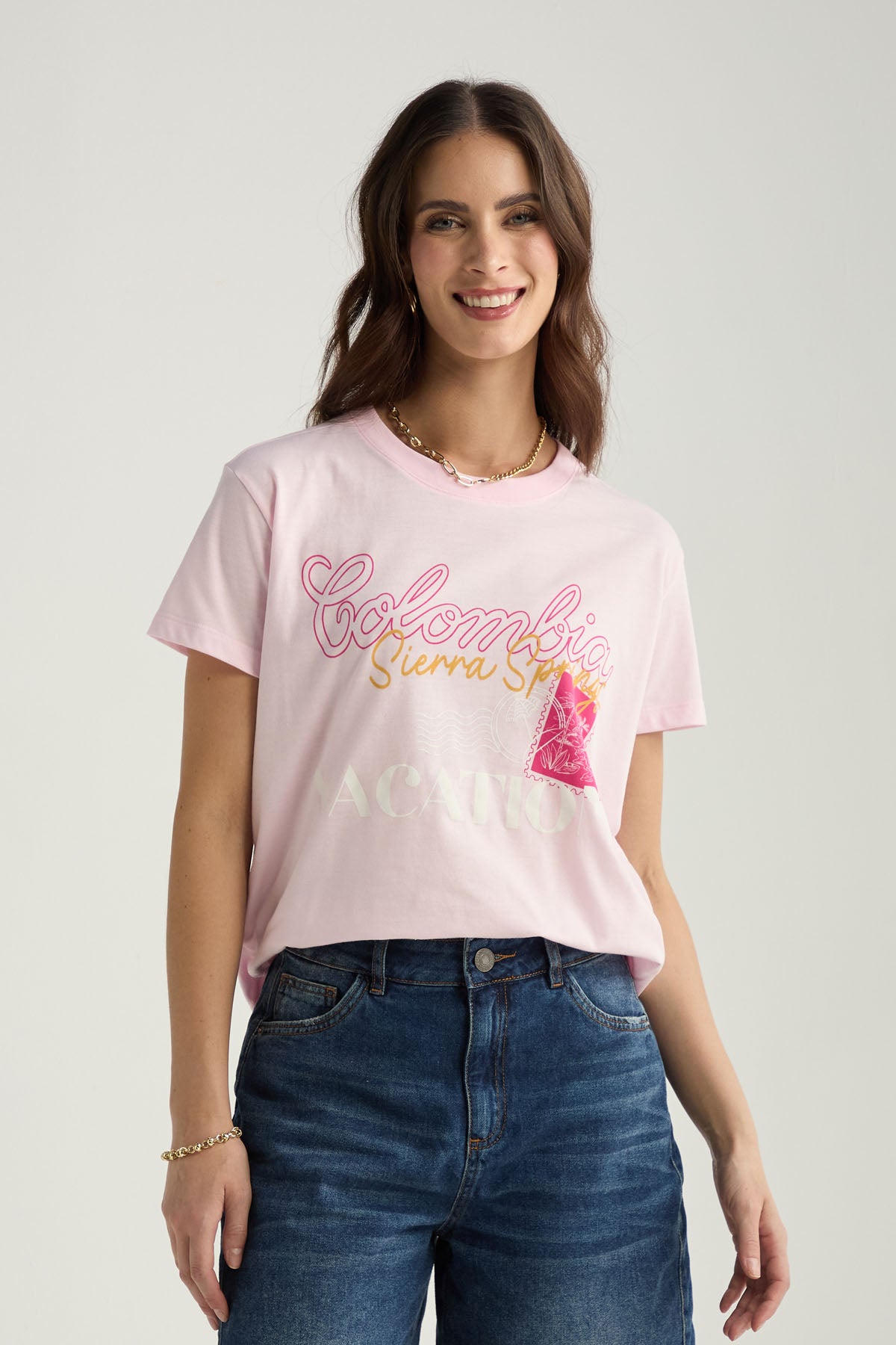 Camiseta rosa claro estampada para mujer