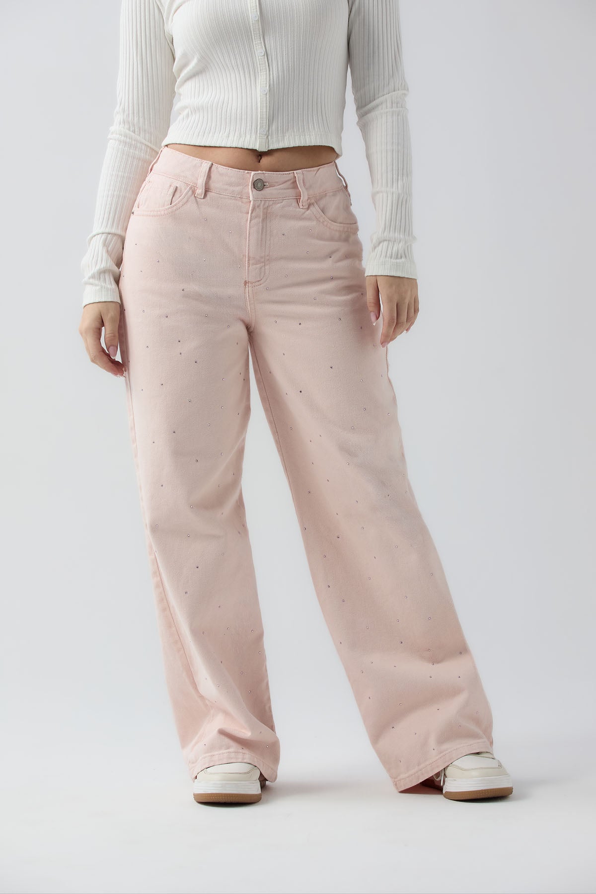 Pantalón retromom rosa empolvado de tiro alto con apliques para jóvenes