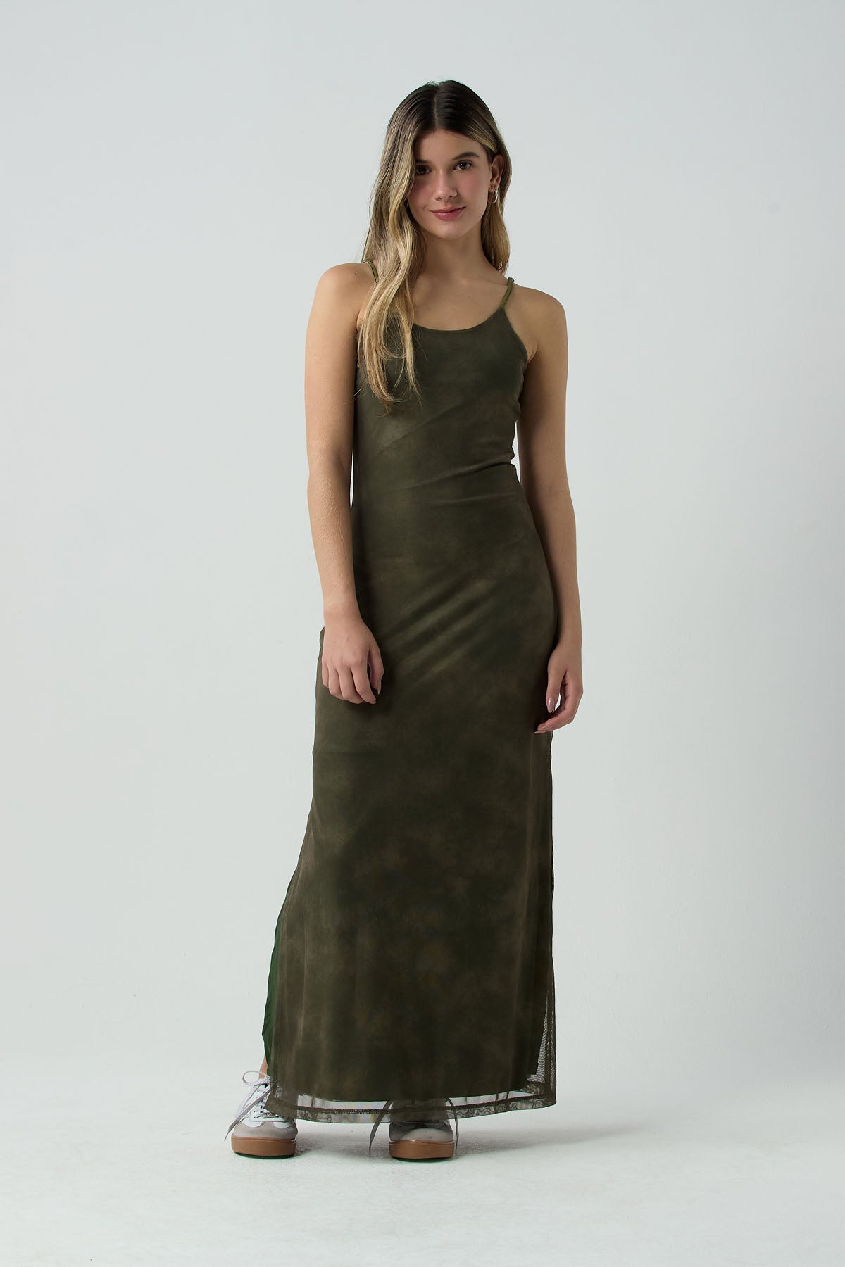 Vestido largo verde militar estampado para jóvenes