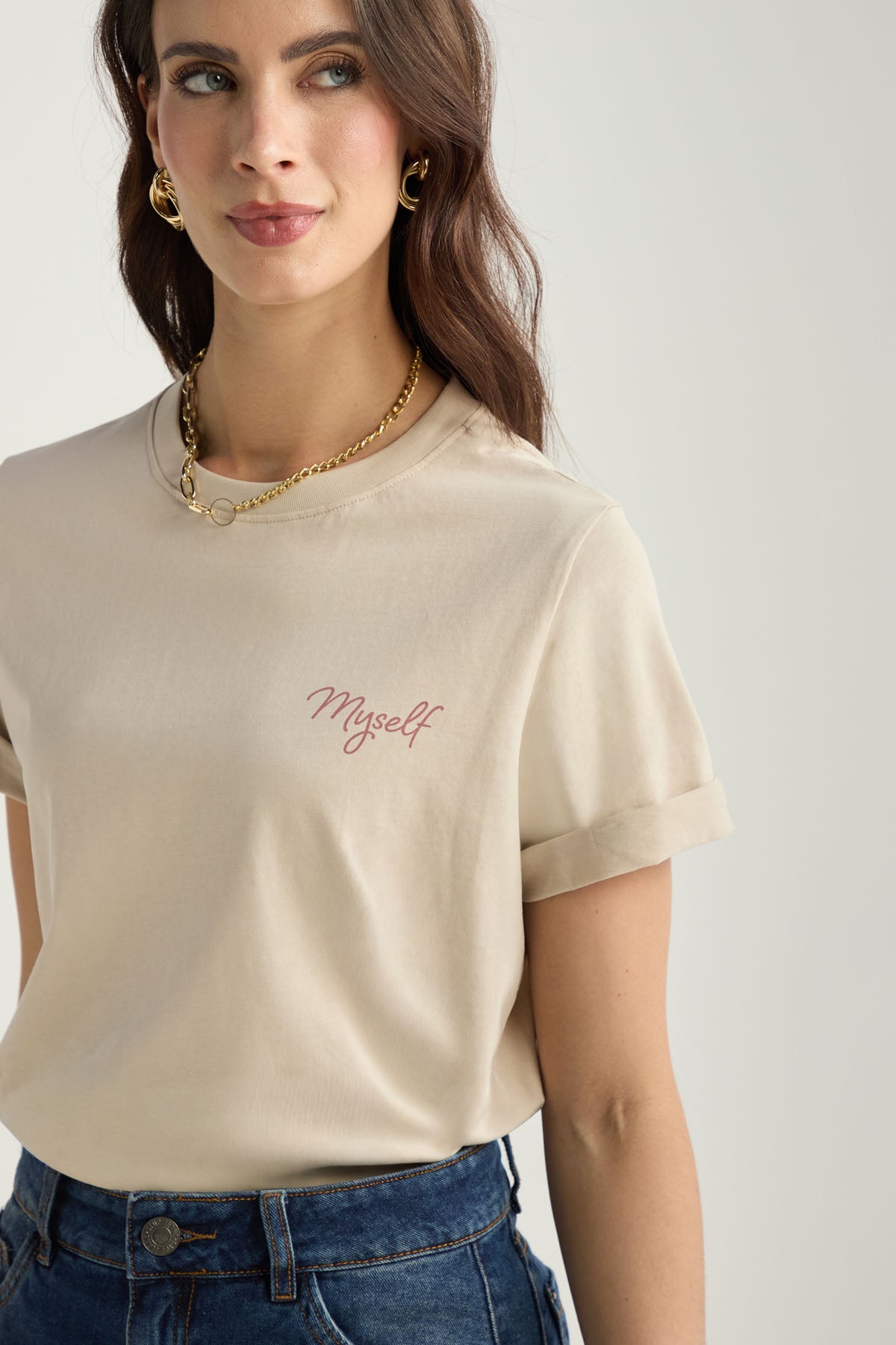 Camiseta marfil de manga corta para mujer