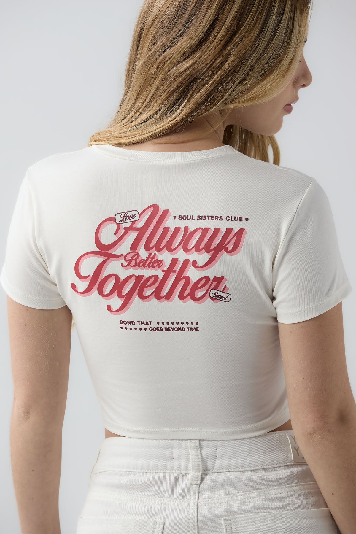 Camiseta marfil estampada en frente y espalda para jóvenes