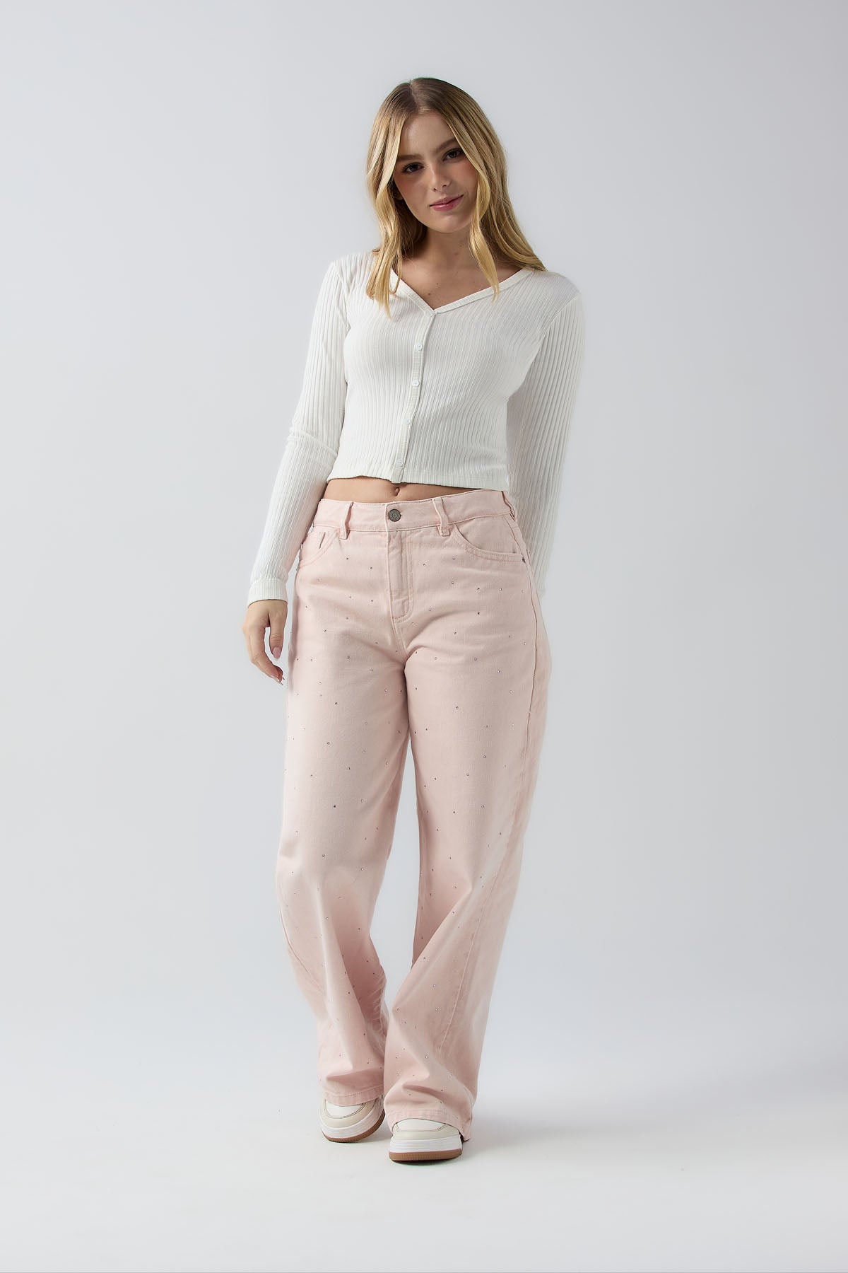Pantalón retromom rosa empolvado de tiro alto con apliques para jóvenes