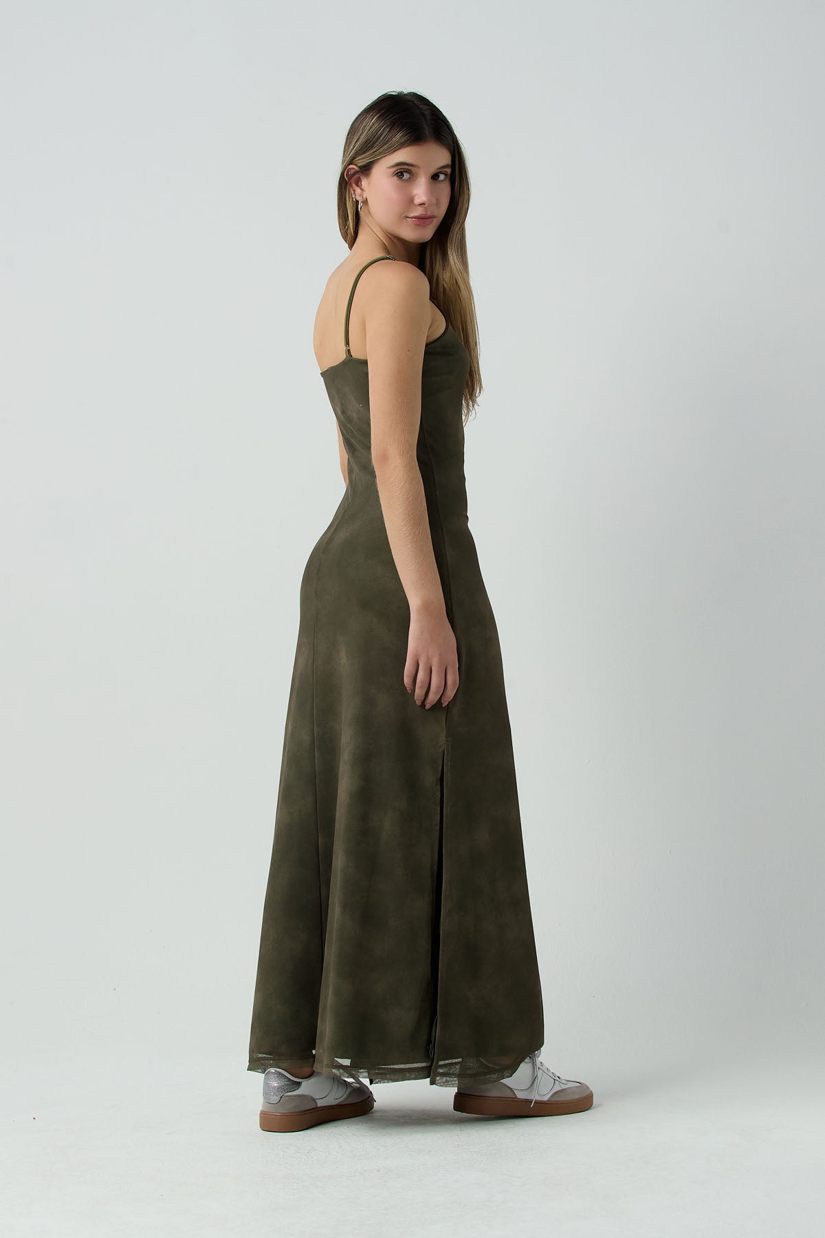 Vestido largo verde militar estampado para jóvenes