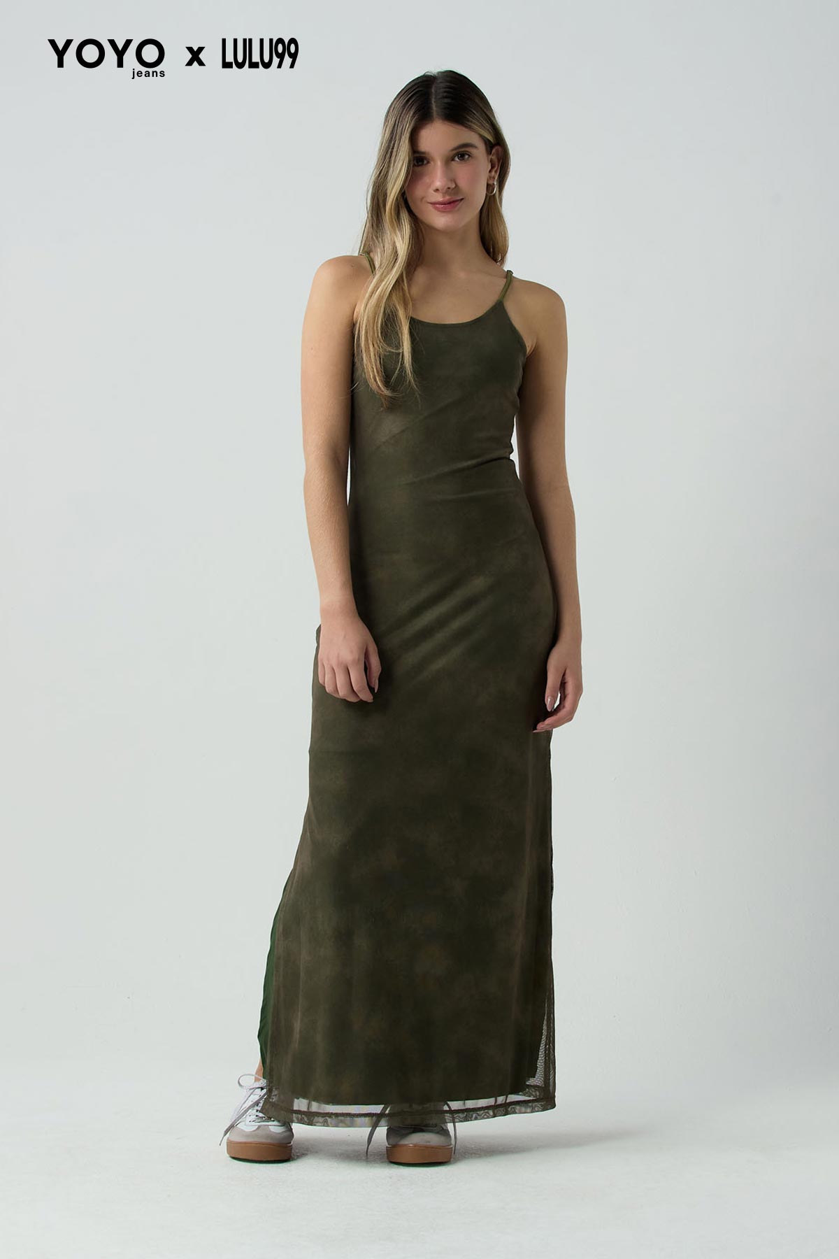 Vestido largo verde militar estampado para jóvenes