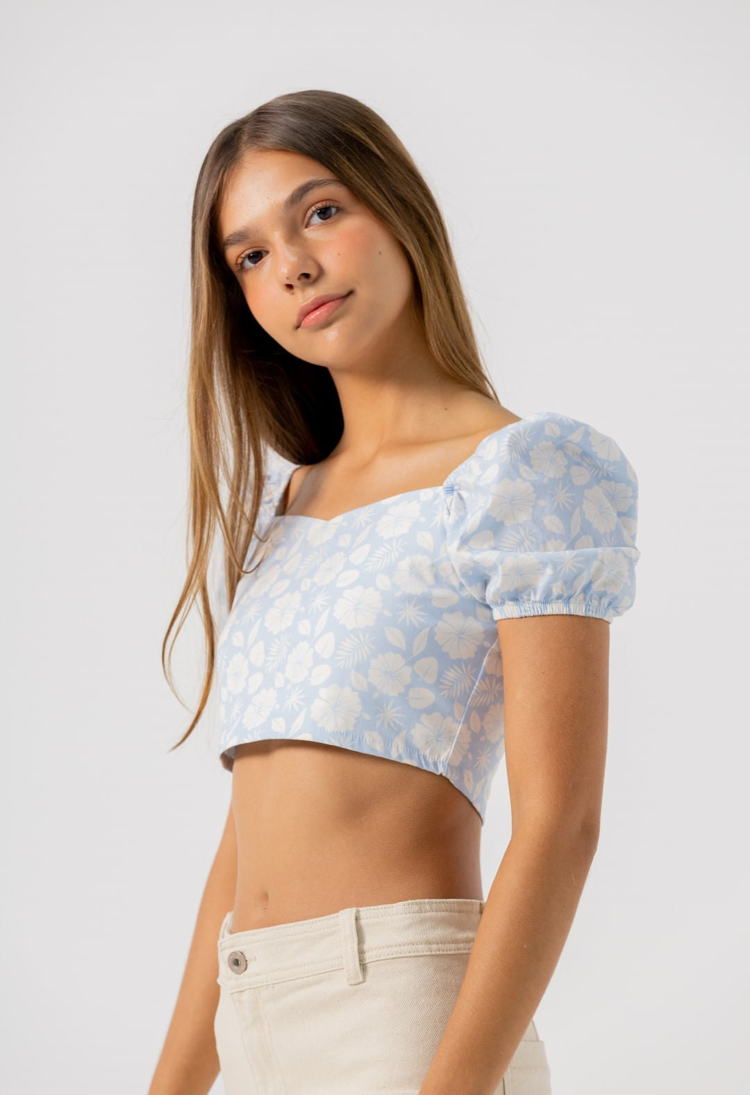 Blusa azul claro manga bombacha para adolescentes