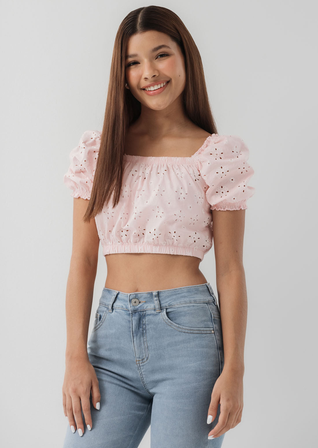 Blusa palo de rosa manga bombacha en ojalillo para jóvenes