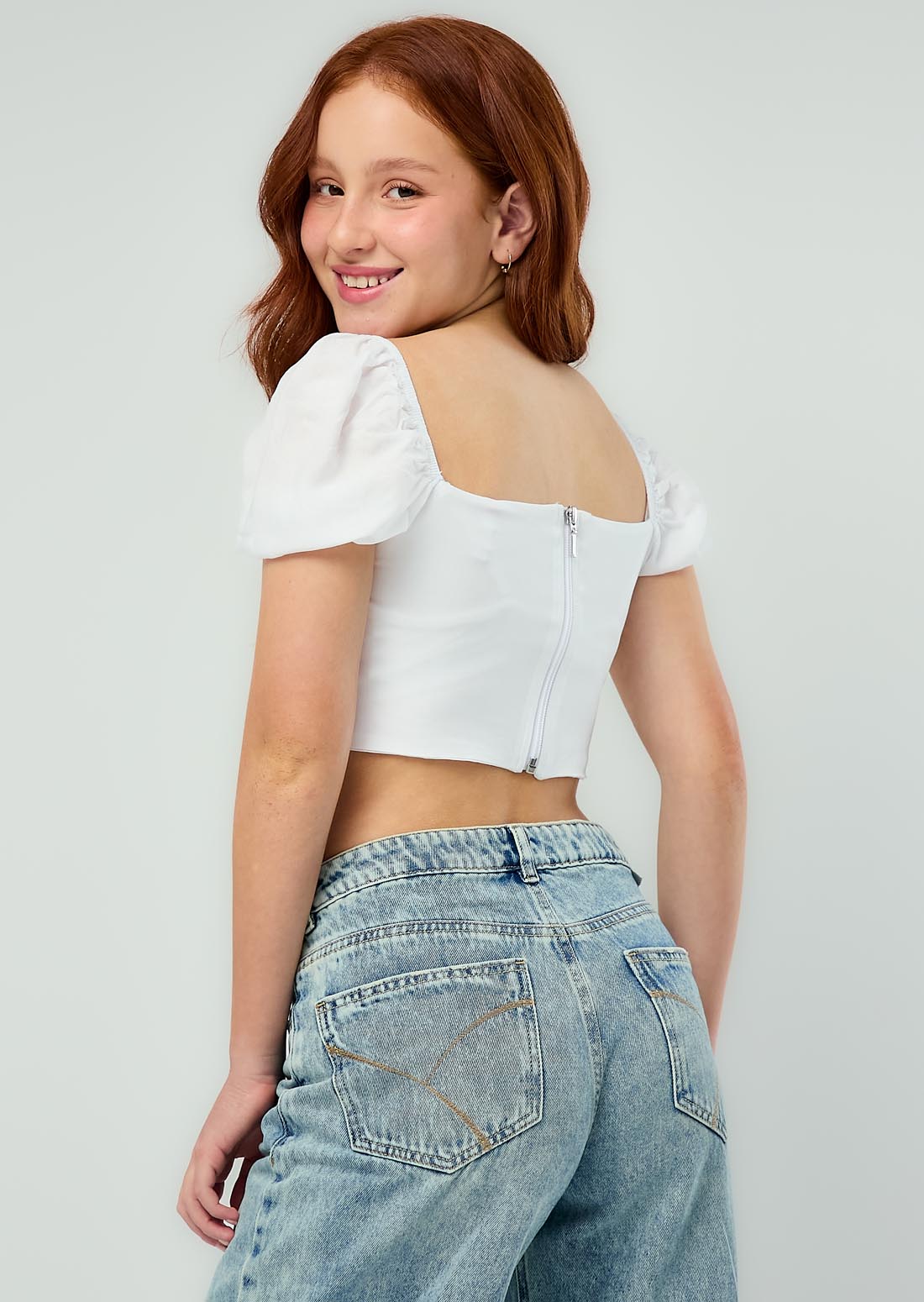 Blusa blanca manga bombacha para adolescentes