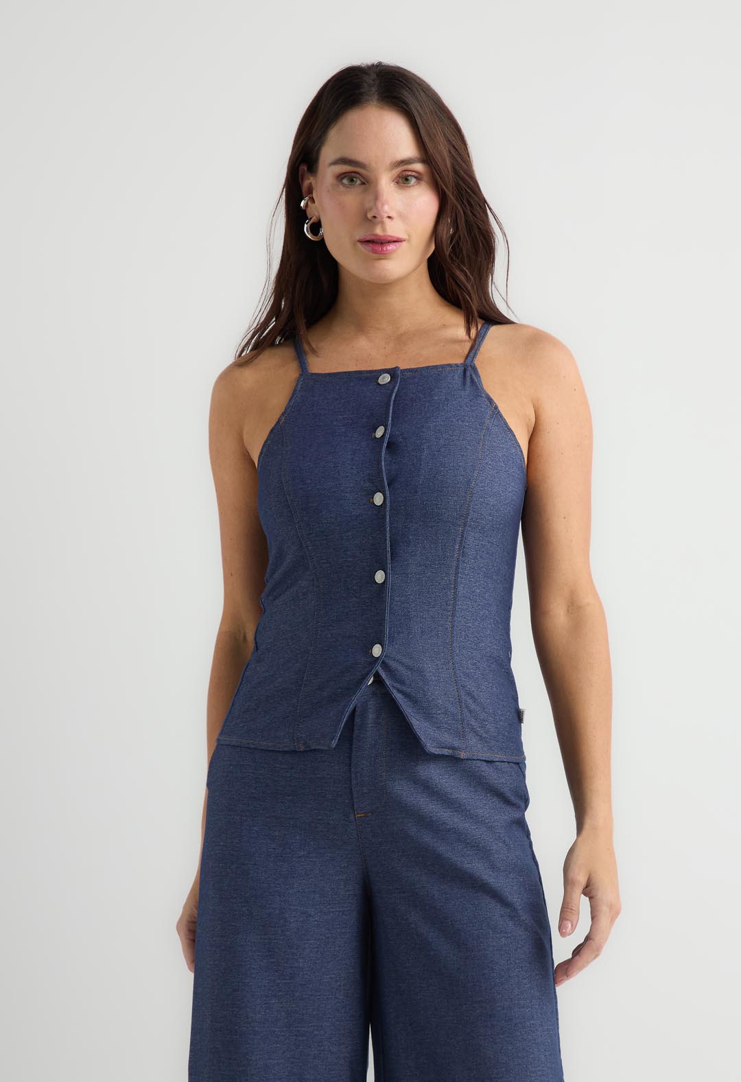 Blusa azul de tiras con botones para mujer