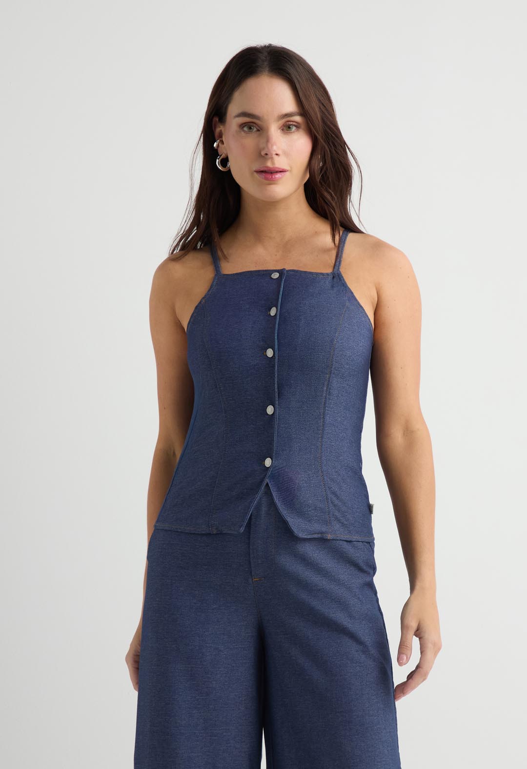 Blusa azul de tiras con botones para mujer