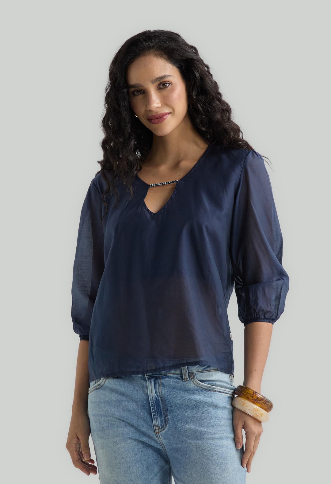 Blusa azul navy manga 3/4 para mujer