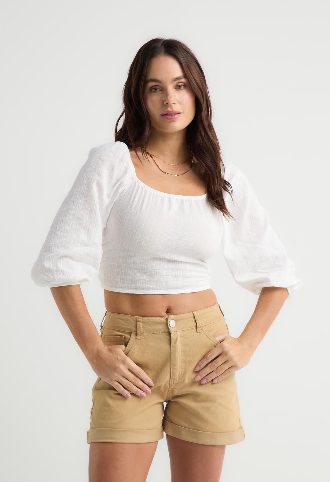 Blusa marfil manga 3/4 tela con efecto para mujer