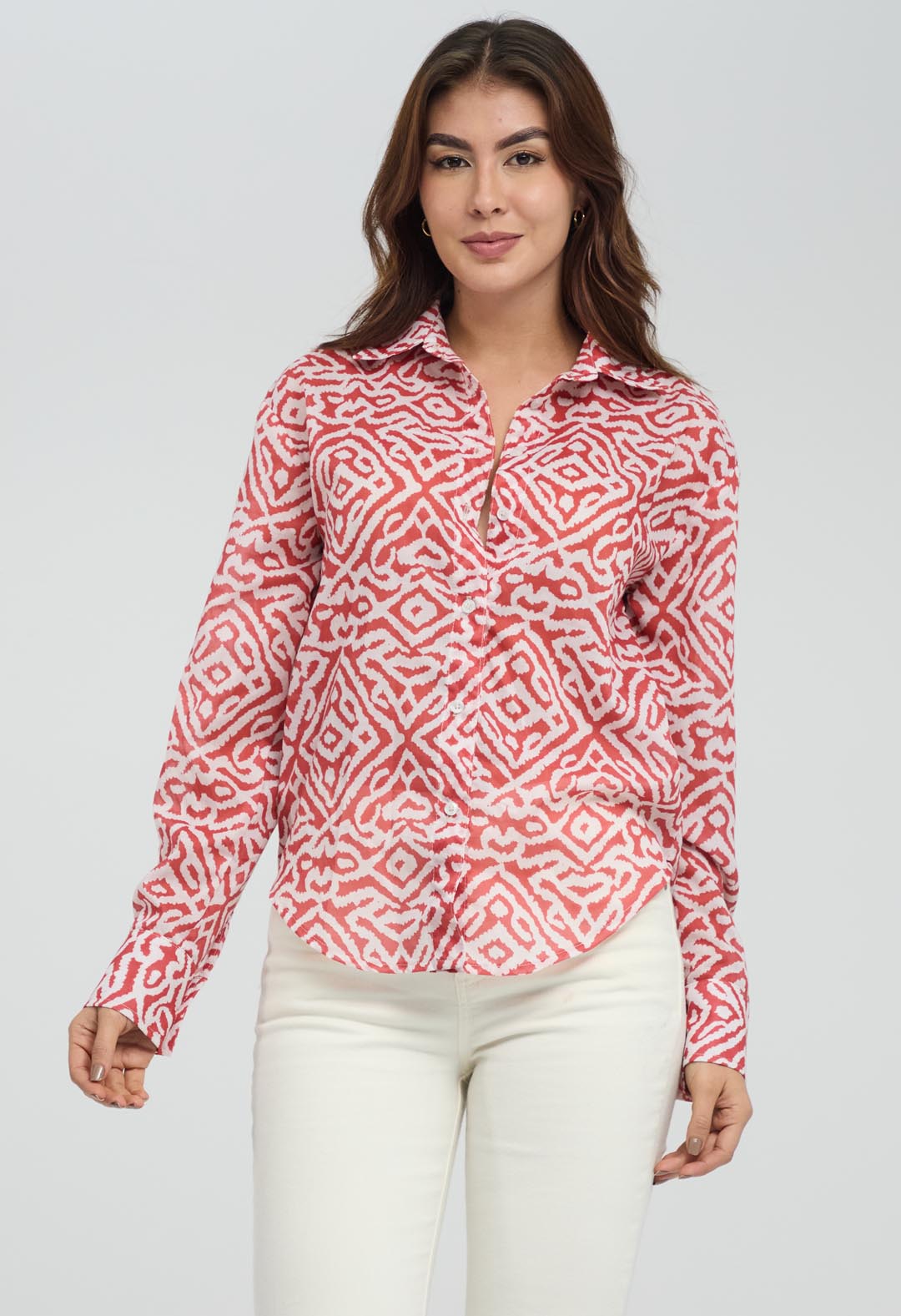 Blusa terracota estampada en cuello para mujeres