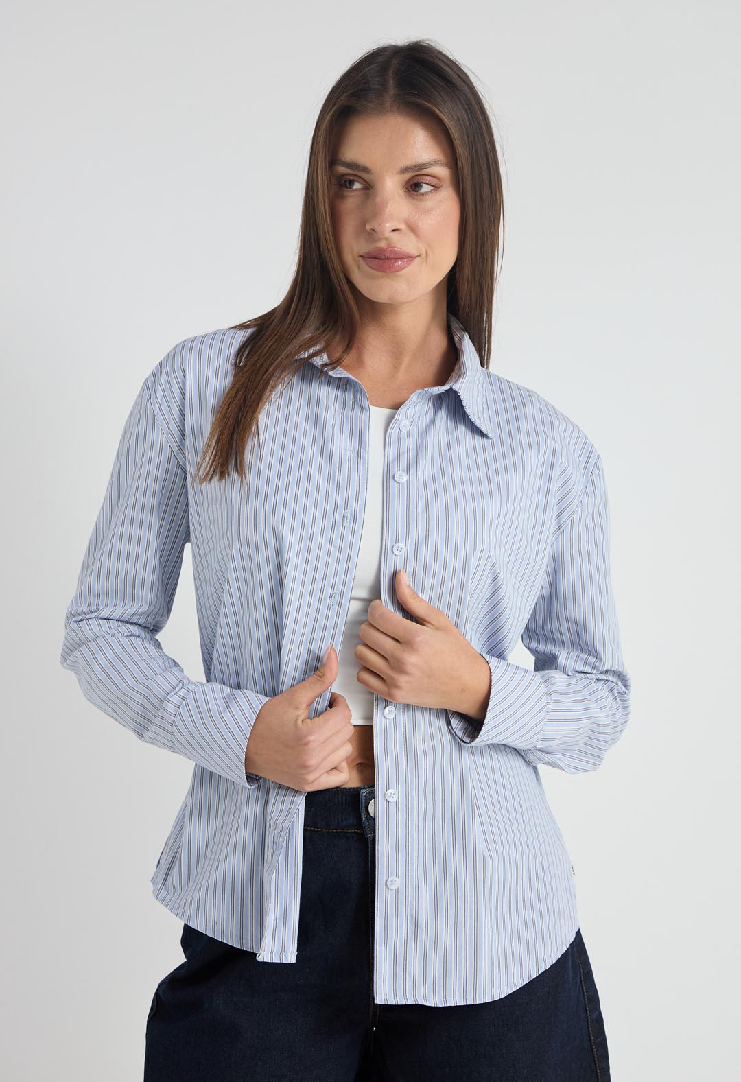 Blusa a rayas azul con botones para mujer