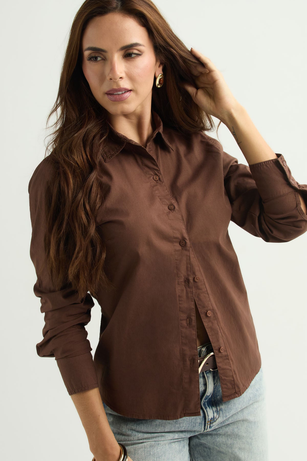 Camisa chocolate manga larga para mujeres