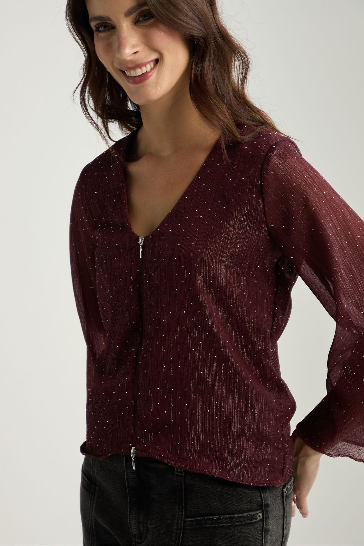 Blusa vino tinto con cierre enfrente para mujer