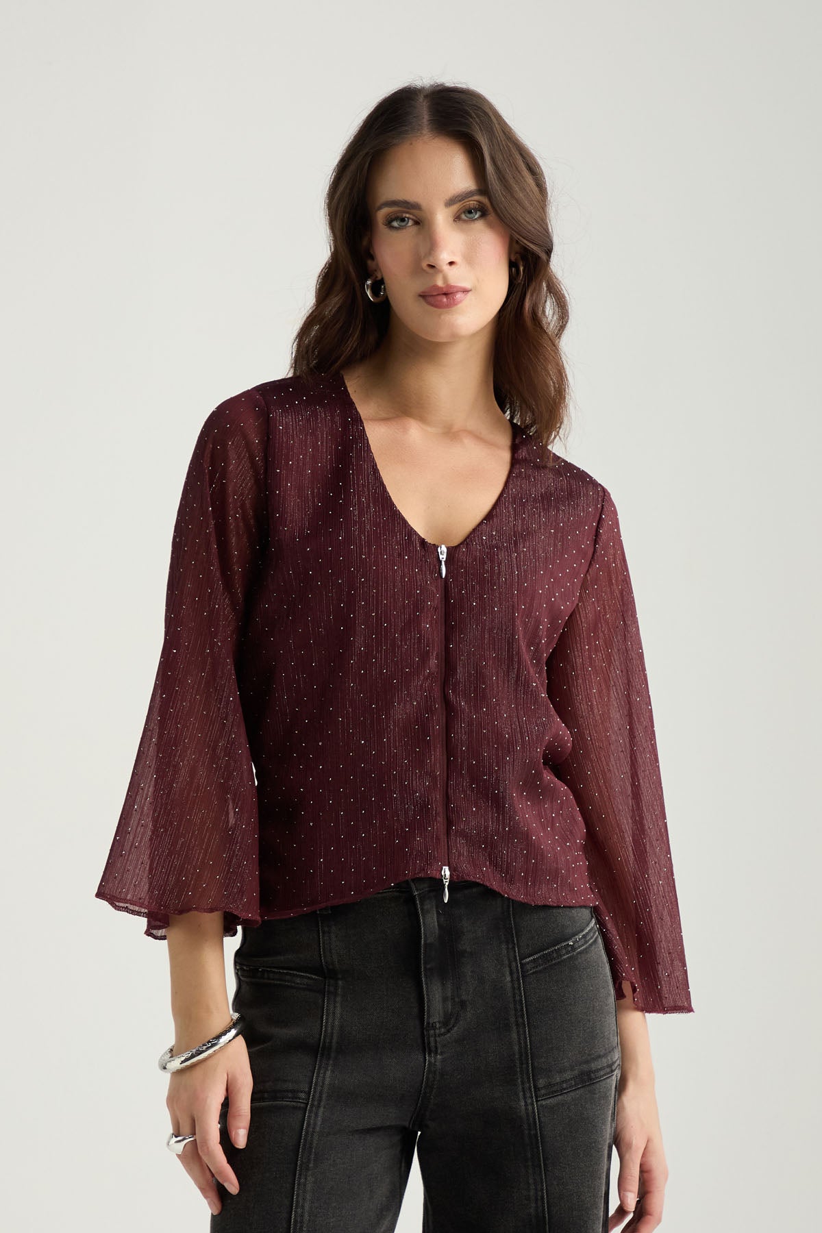 Blusa vino tinto con cierre enfrente para mujer