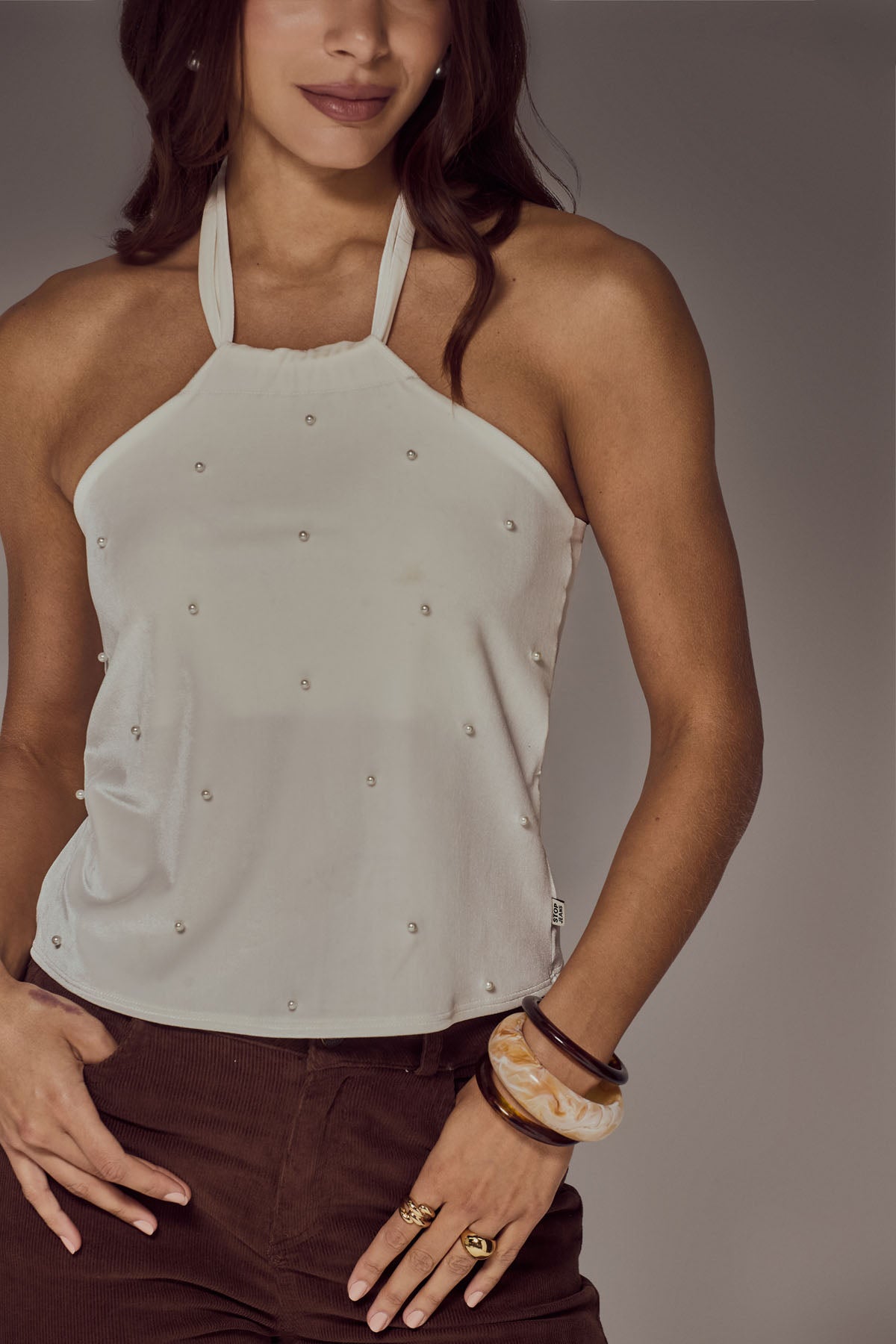 Blusa marfil estampado con piedras para mujer