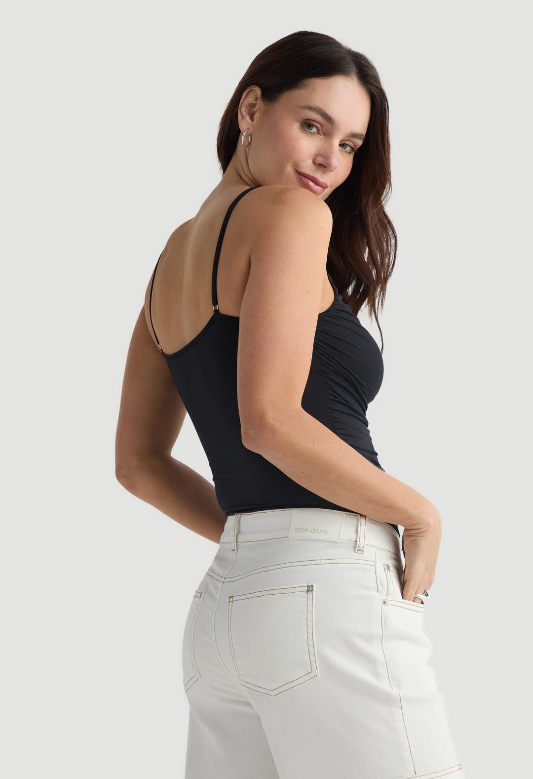 Body negro con drapeado para mujer