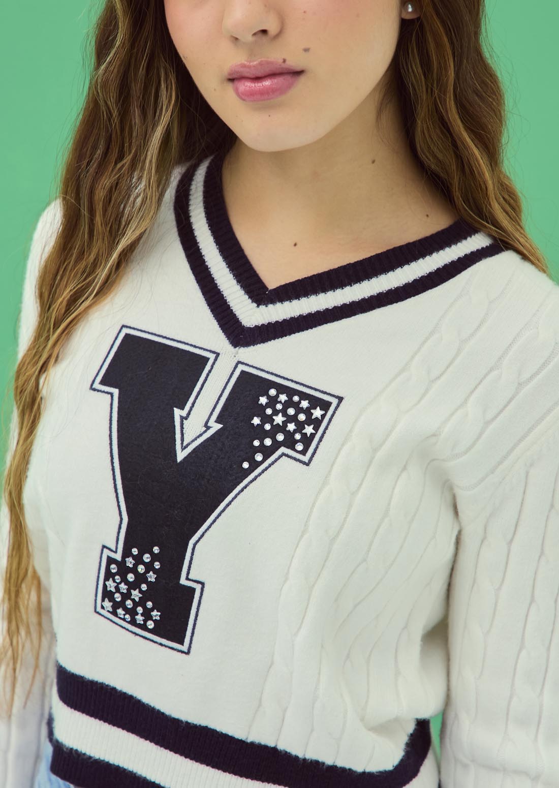 Buzo marfil tejido con cuello en contraste para jóvenes