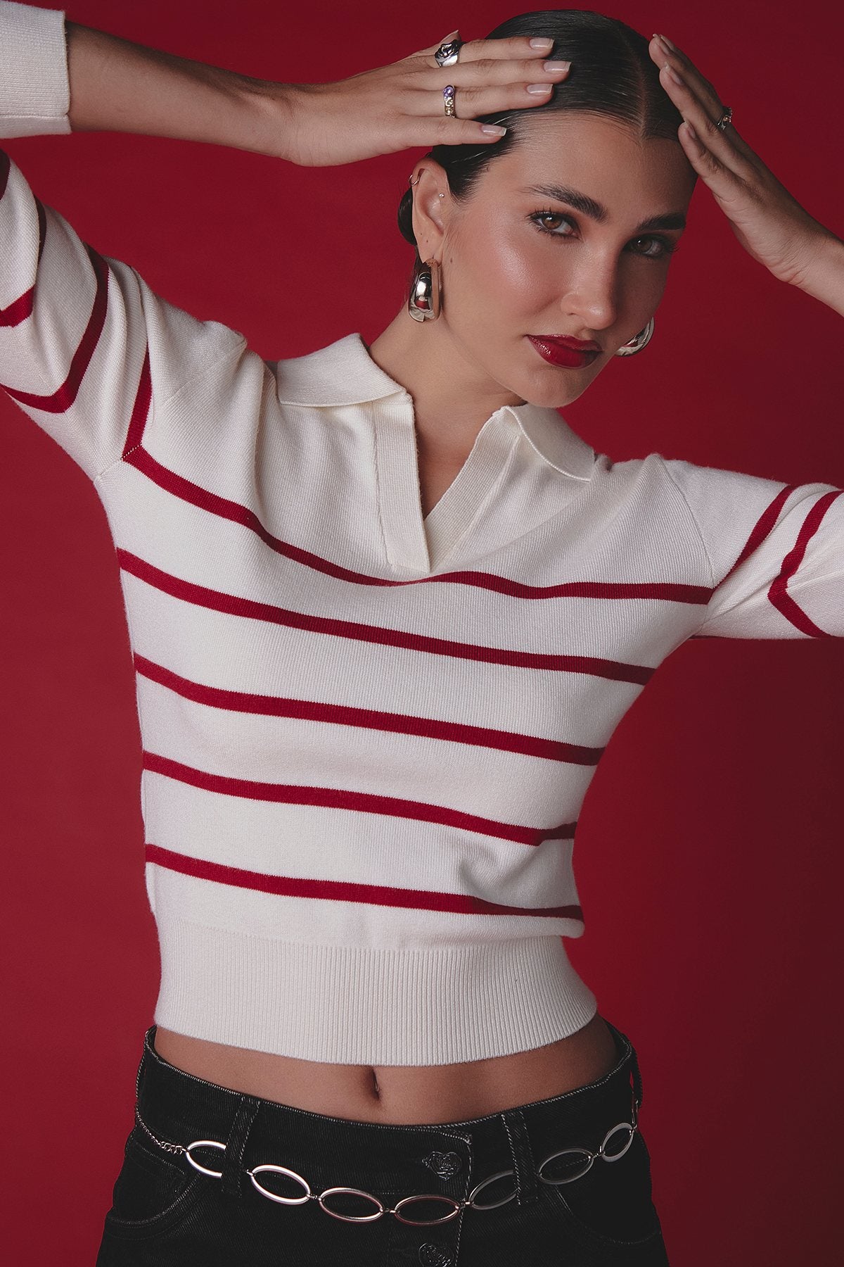 Buzo marfil con rayas horizontales para mujer