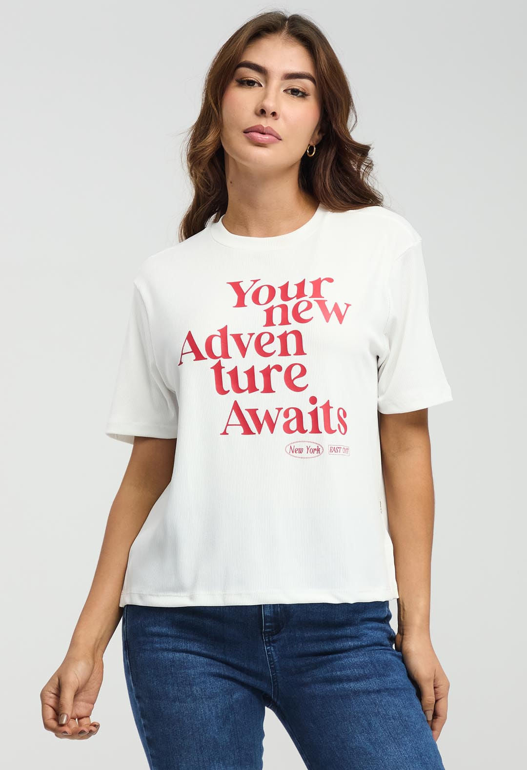 Camiseta en rib marfil estampada para mujeres