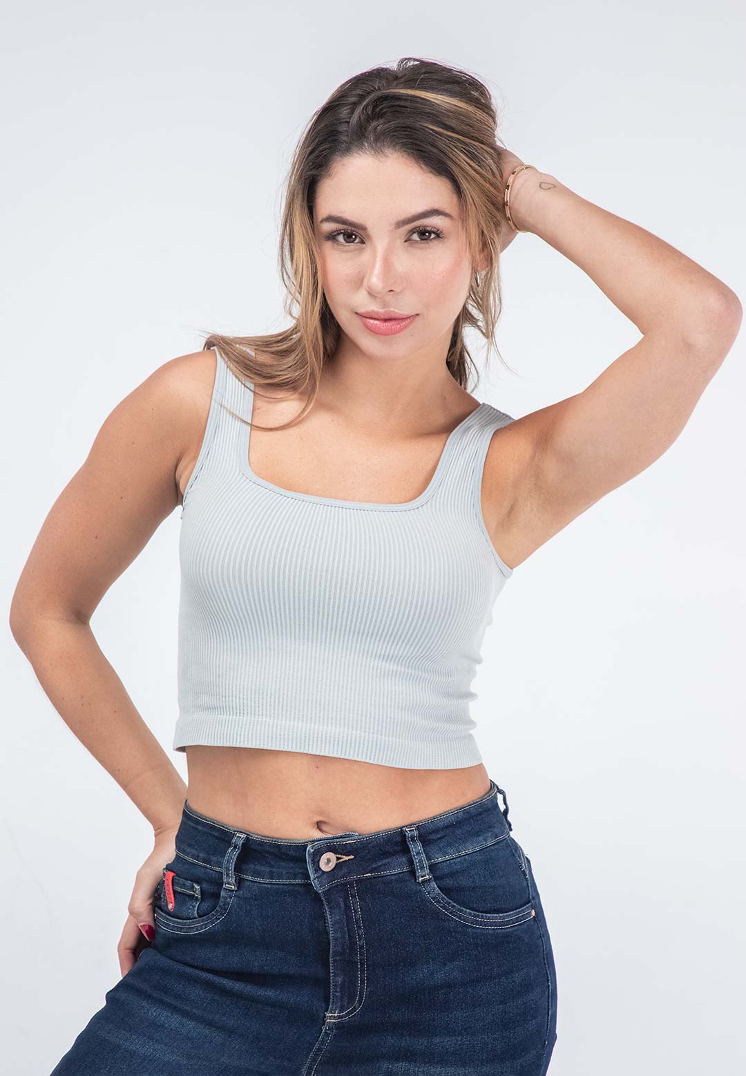 Camiseta gris jaspe con tiras seamless para mujeres