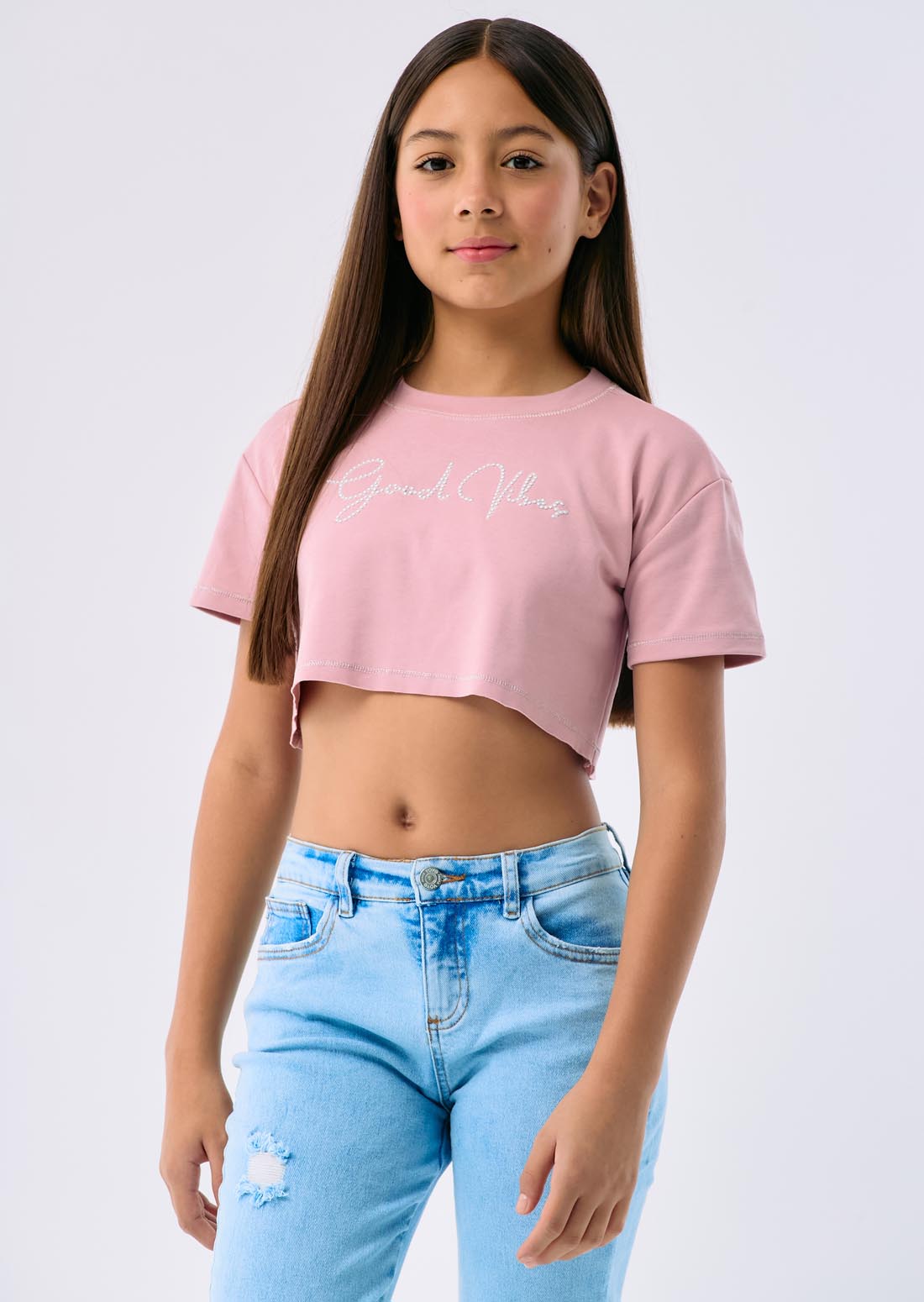 Camiseta crop mora estampada para niñas