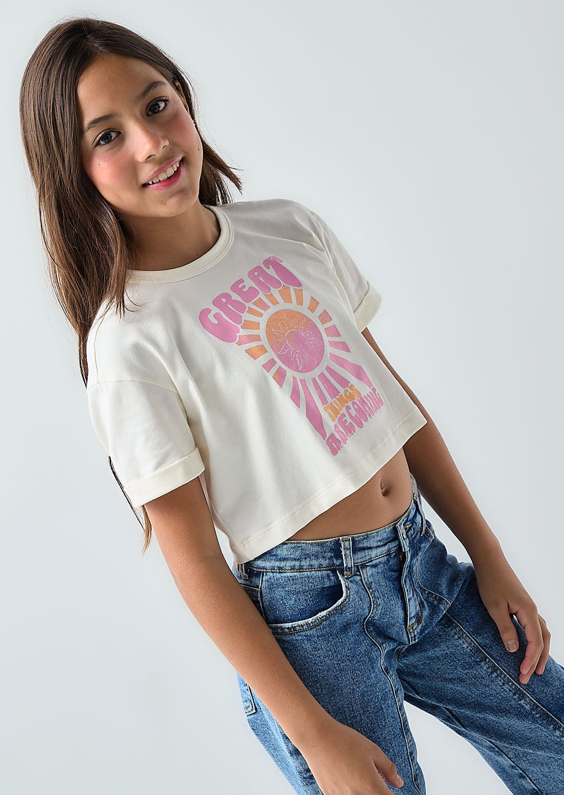 Camiseta marfil manga con guardapolvo niñas para niñas