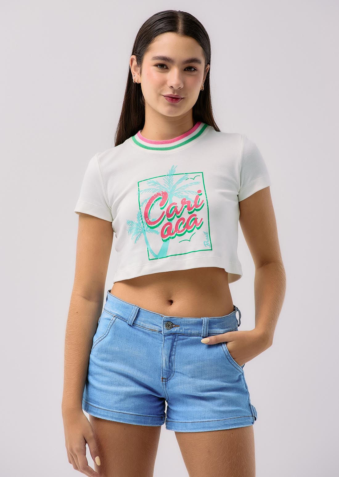 Camiseta marfil cuello tejido para adolescentes
