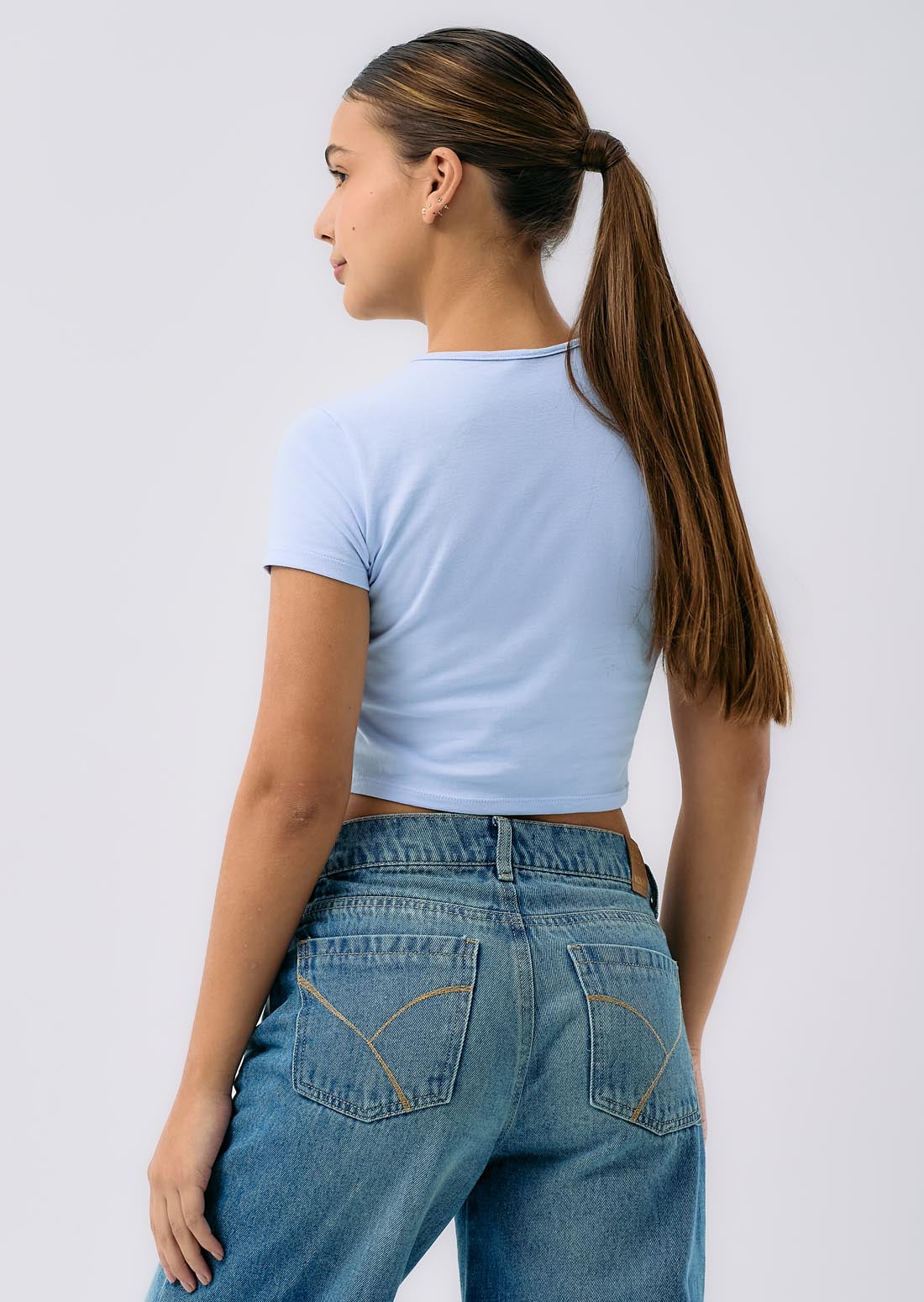 Camiseta azul sesgo en cuello para adolescentes