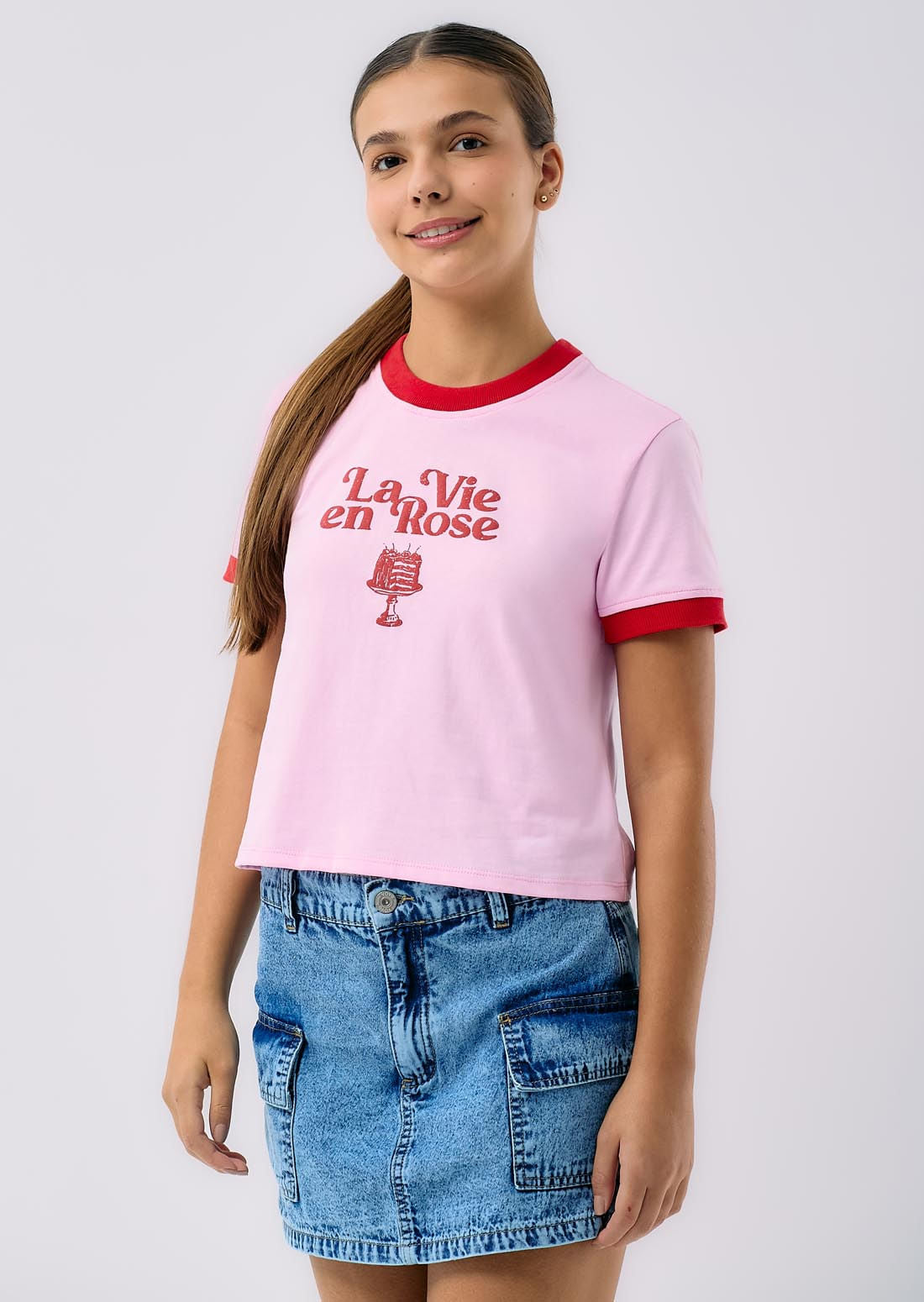 Camiseta rosa claro cuello tejido para adolescentes