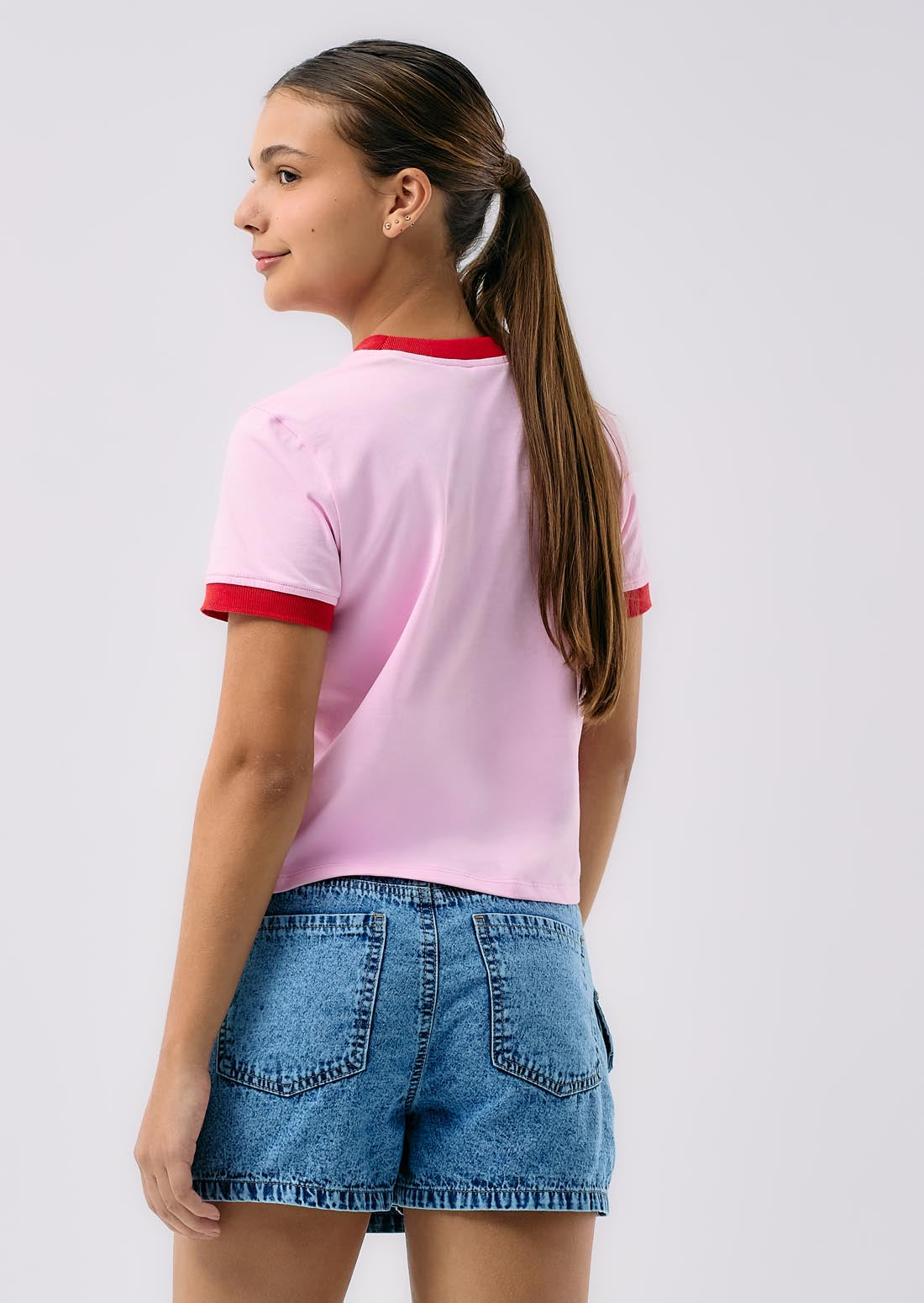 Camiseta rosa claro cuello tejido para adolescentes
