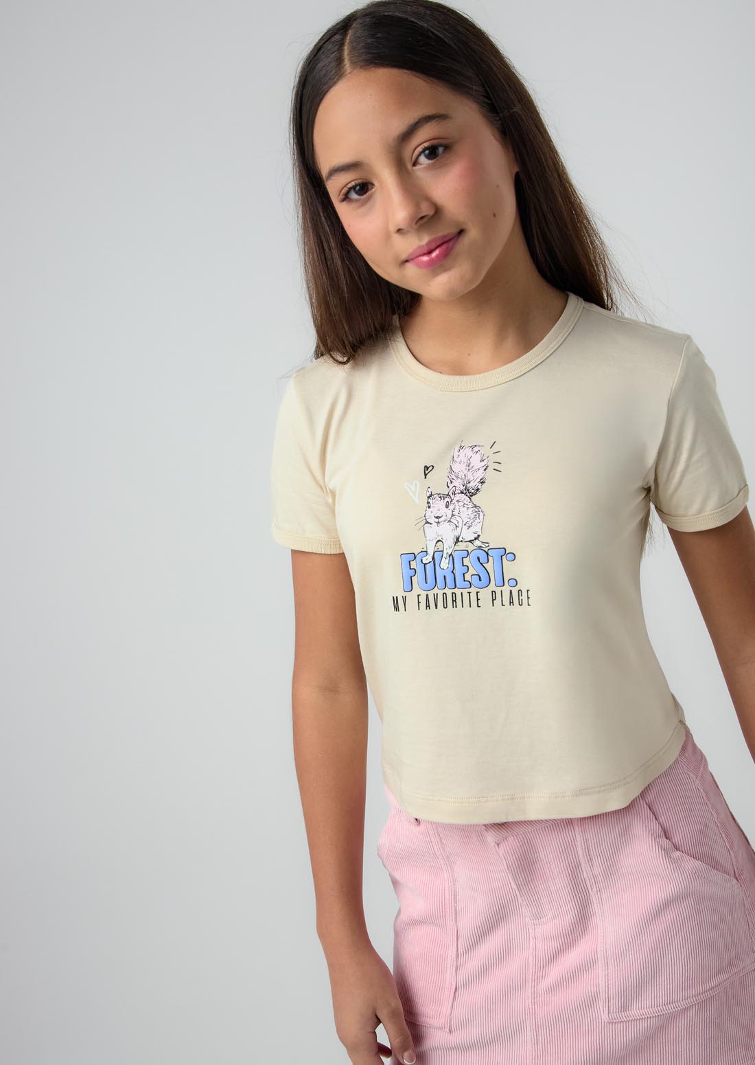 Camiseta arena frente estampado para niñas