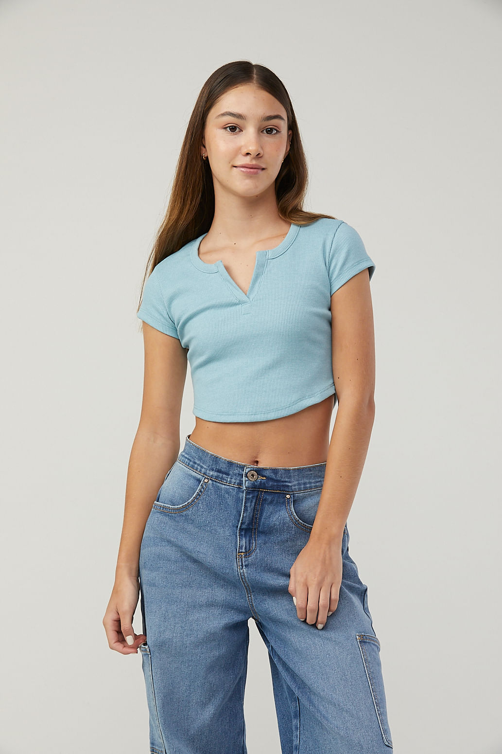 Camiseta crop azul turquesa en rib para adolescentes