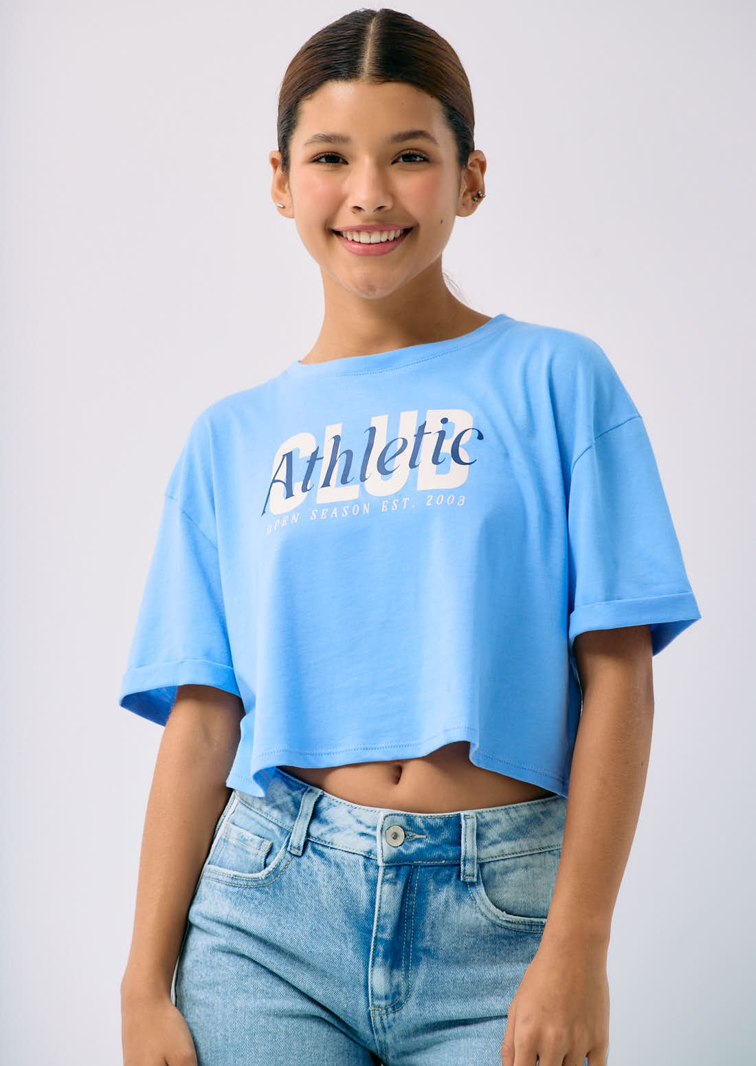 Camiseta azul claro frente estampado para jóvenes
