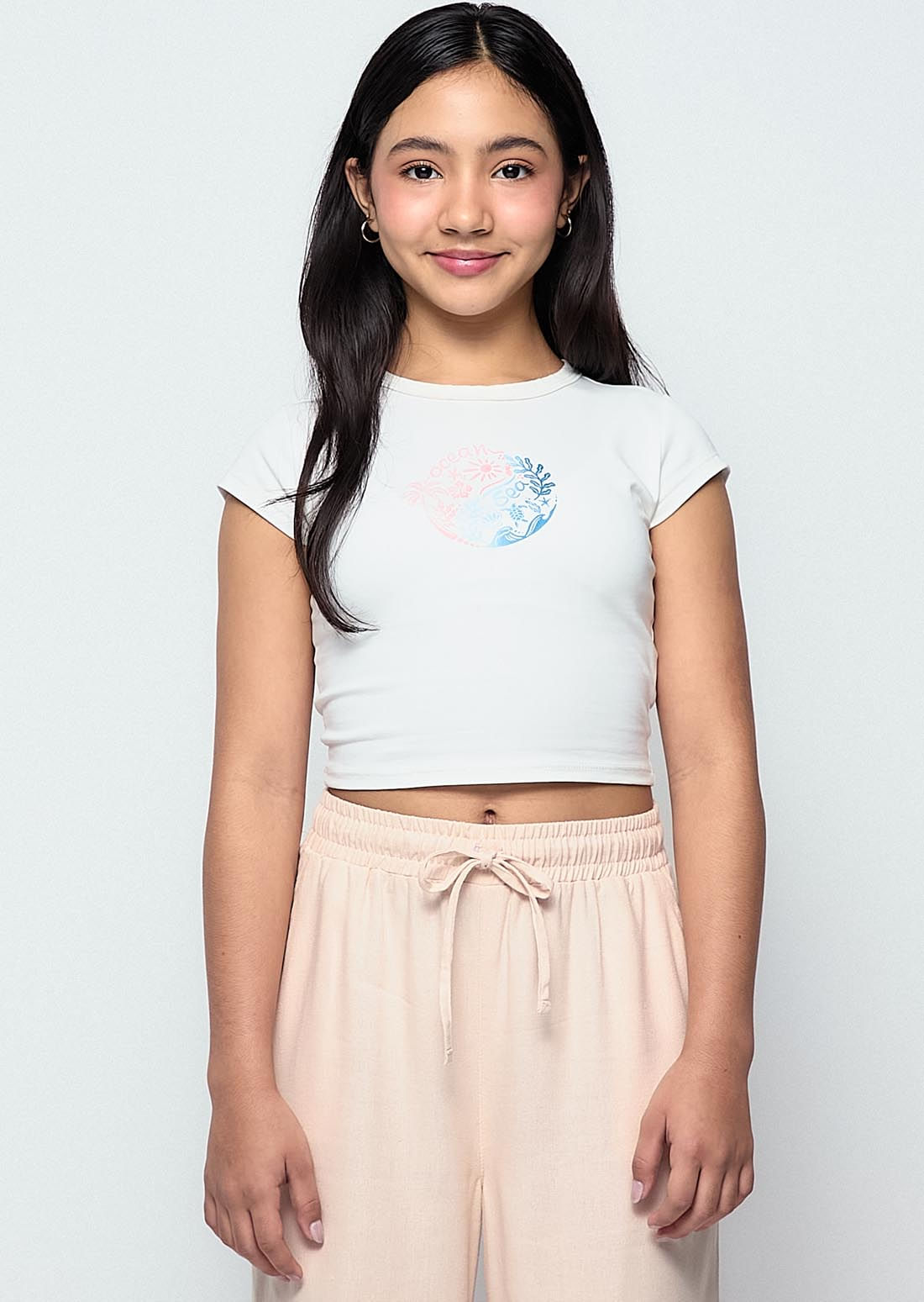 Camiseta marfil estampado en frente para niñas