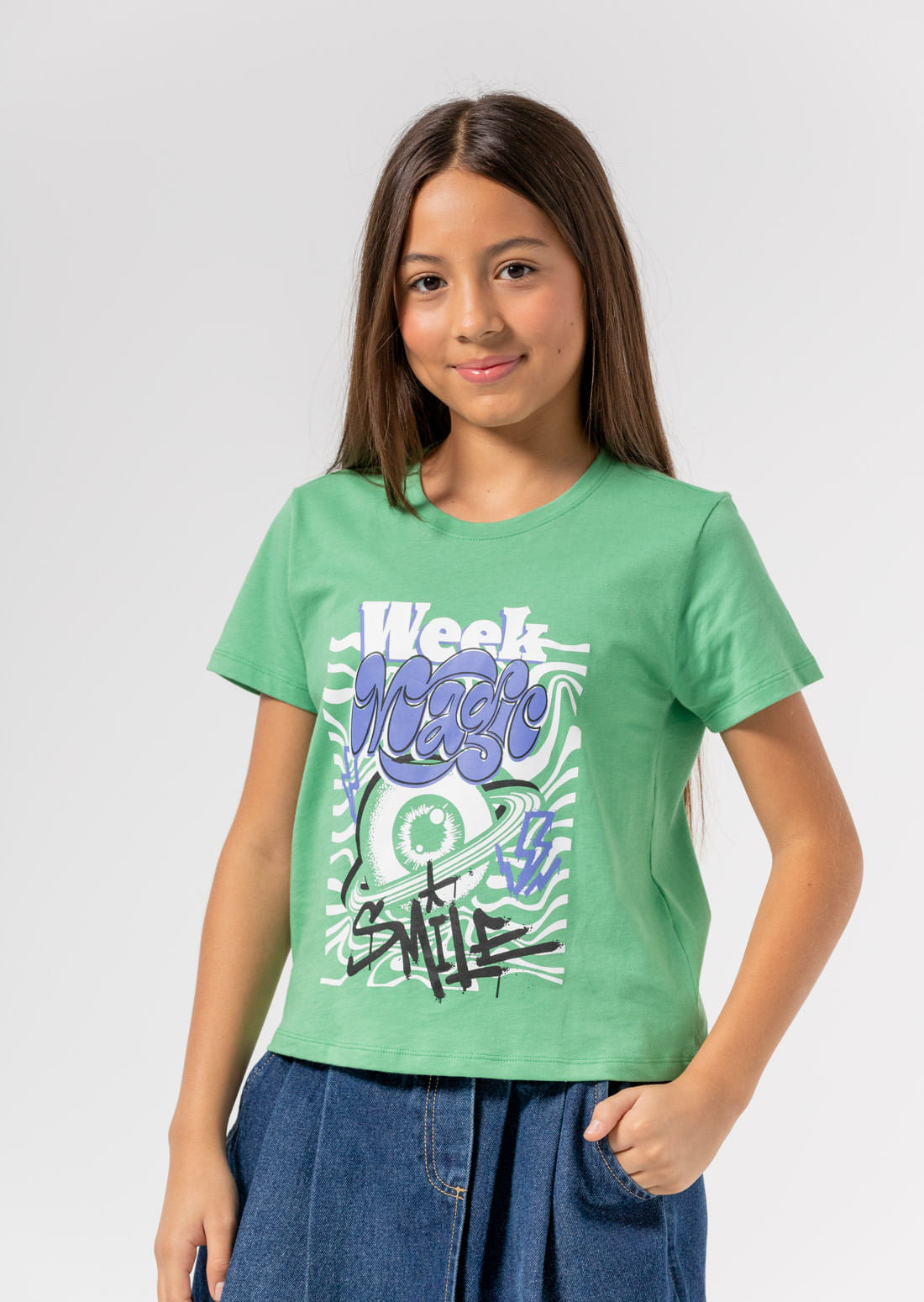 Camiseta verde jade con frente estampado para niñas