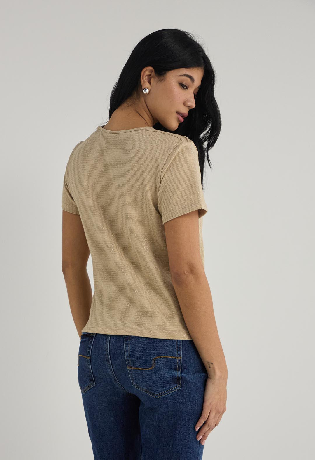 Camiseta arena a rayas con brillo para mujer