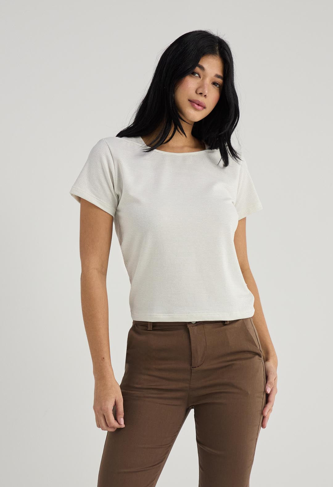 Camiseta marfil a rayas con brillo para mujer