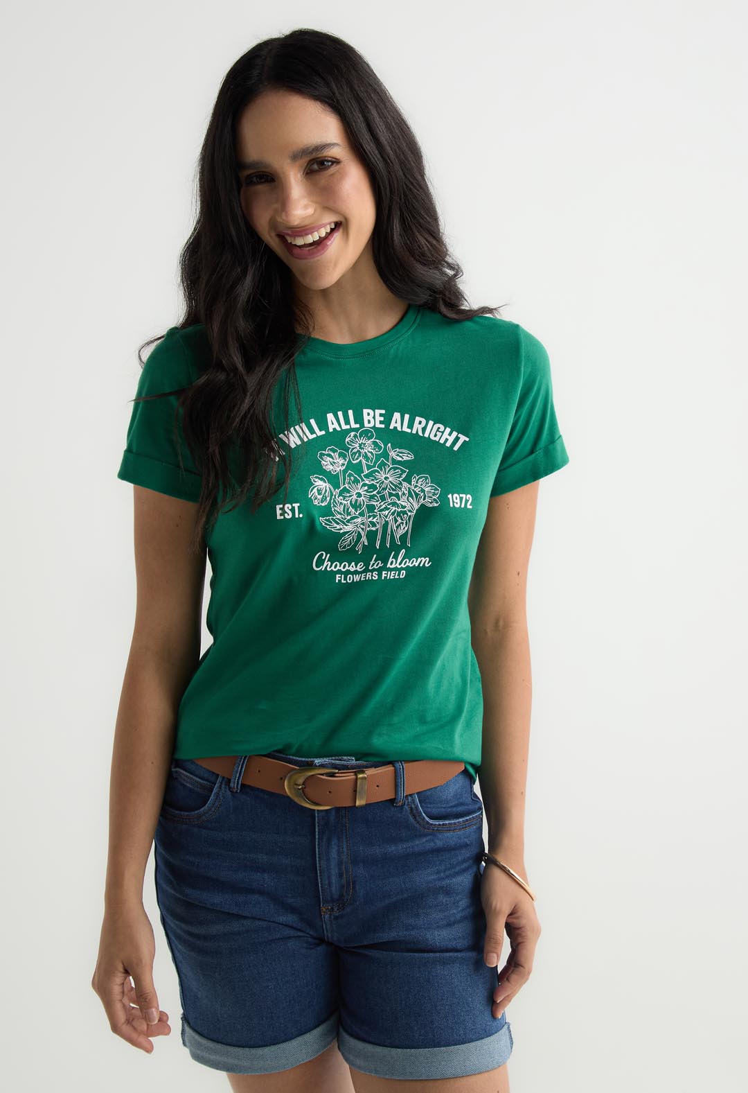 Camiseta verde oscuro manga corta para mujer