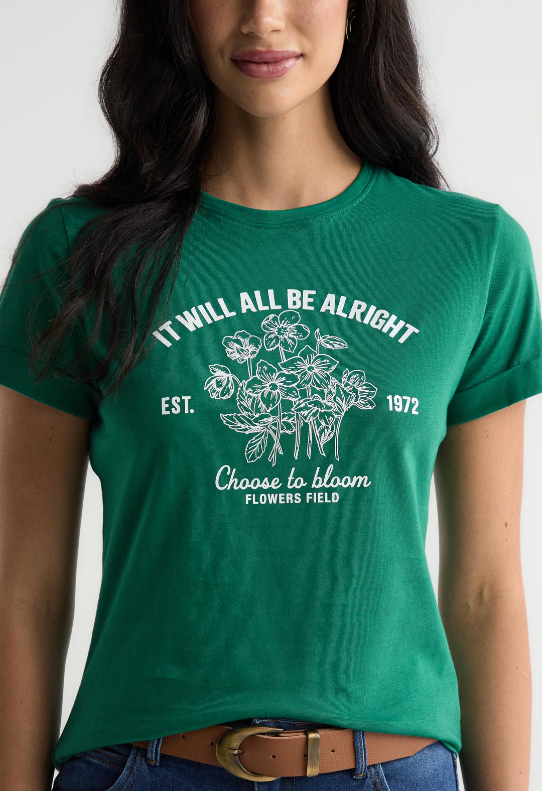 Camiseta verde oscuro manga corta para mujer