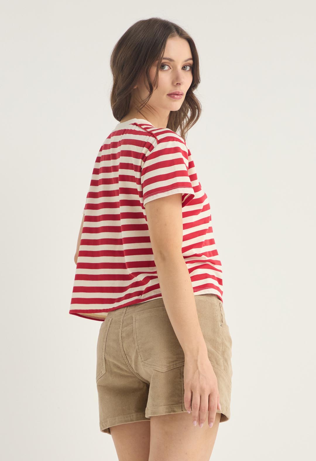 Camiseta a rayas marfil con estampado para mujer