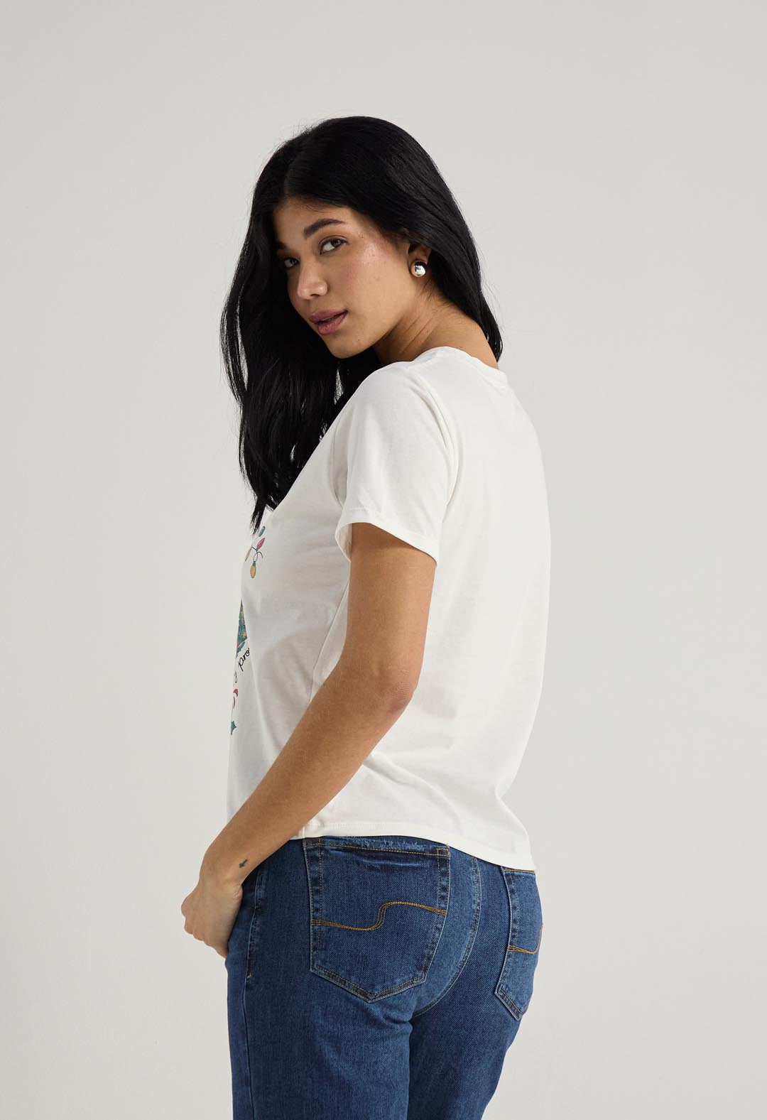 Camiseta navideña marfil estampada para mujer