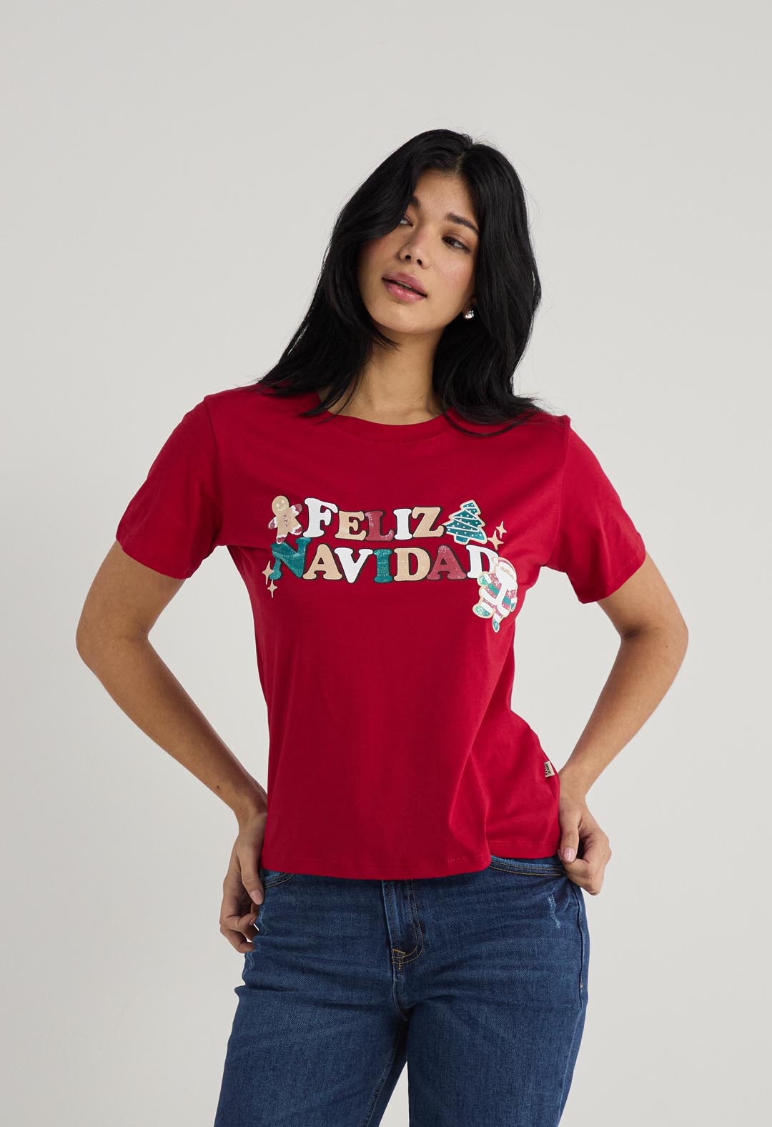 Camiseta navideña roja estampada para mujer