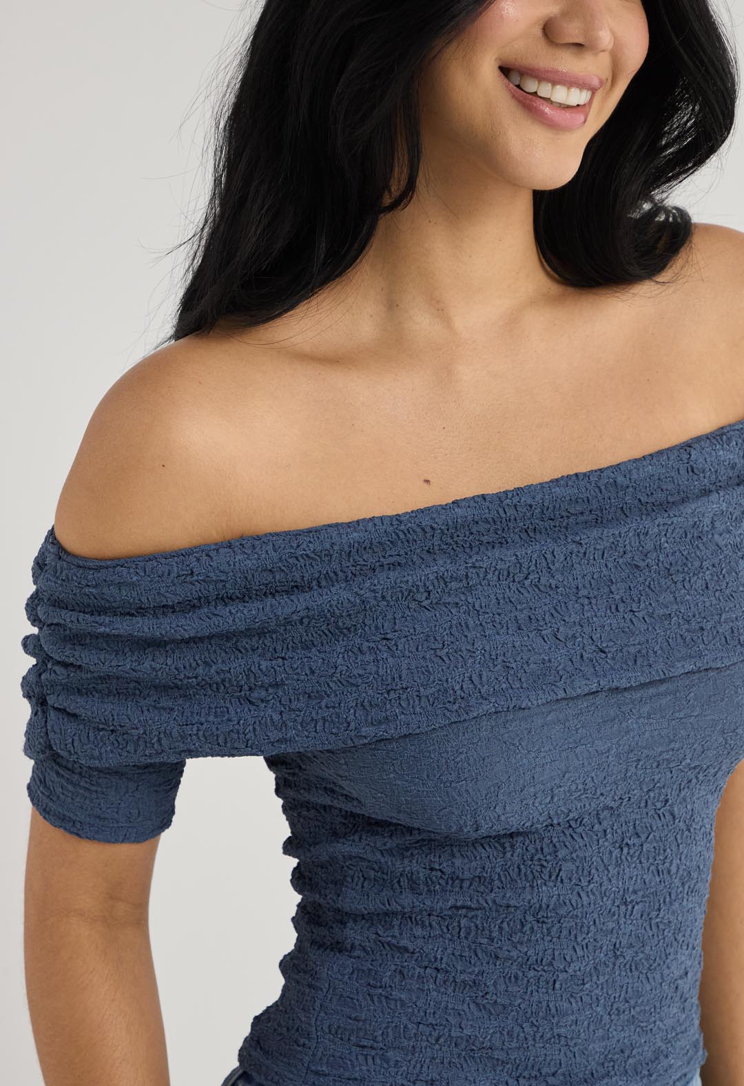 Top strapless azul tela con textura para mujer