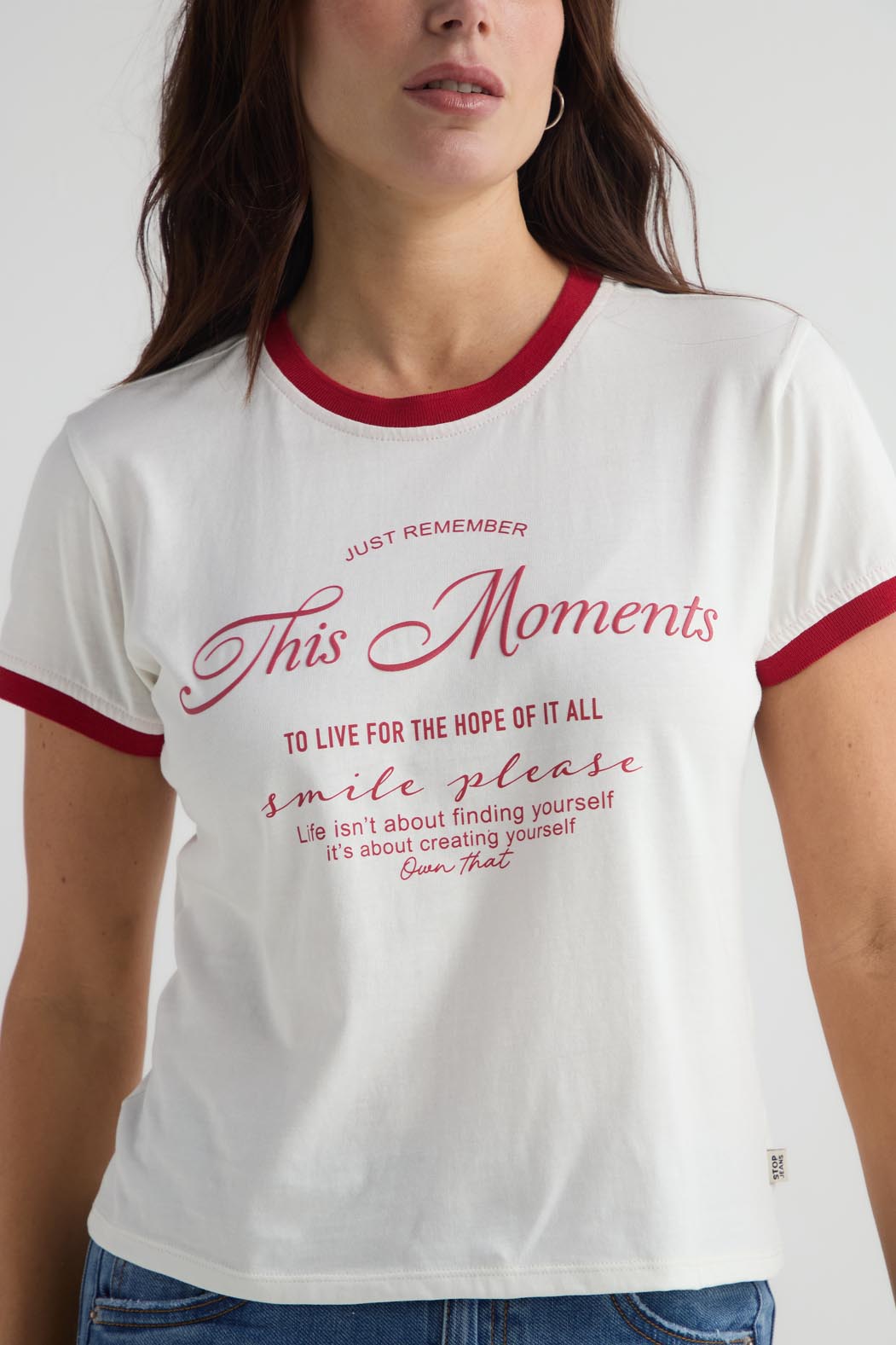 Camiseta en rib marfil estampada para mujer