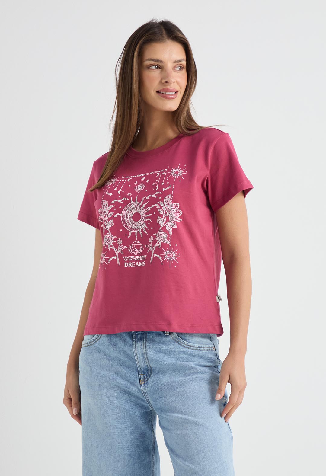 Camiseta magenta estampada en frente para mujer