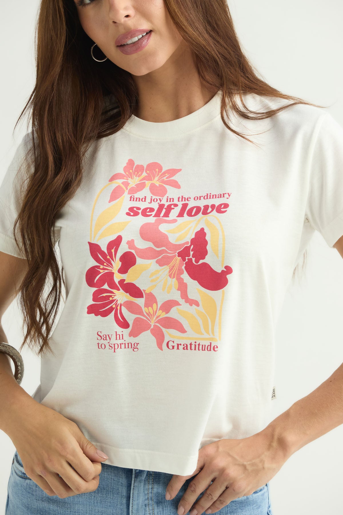Camiseta manga corta marfil estampada para mujer