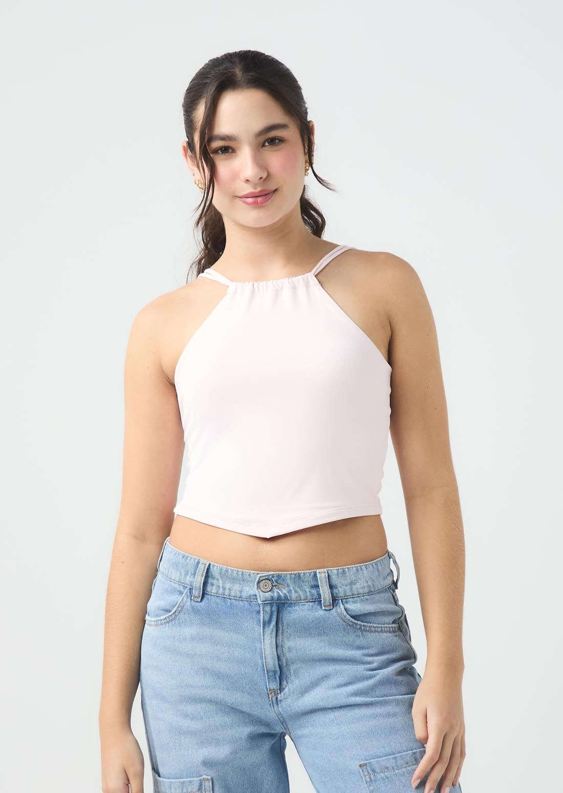 Camiseta rosa pastel con ruedo en punta para jóvenes