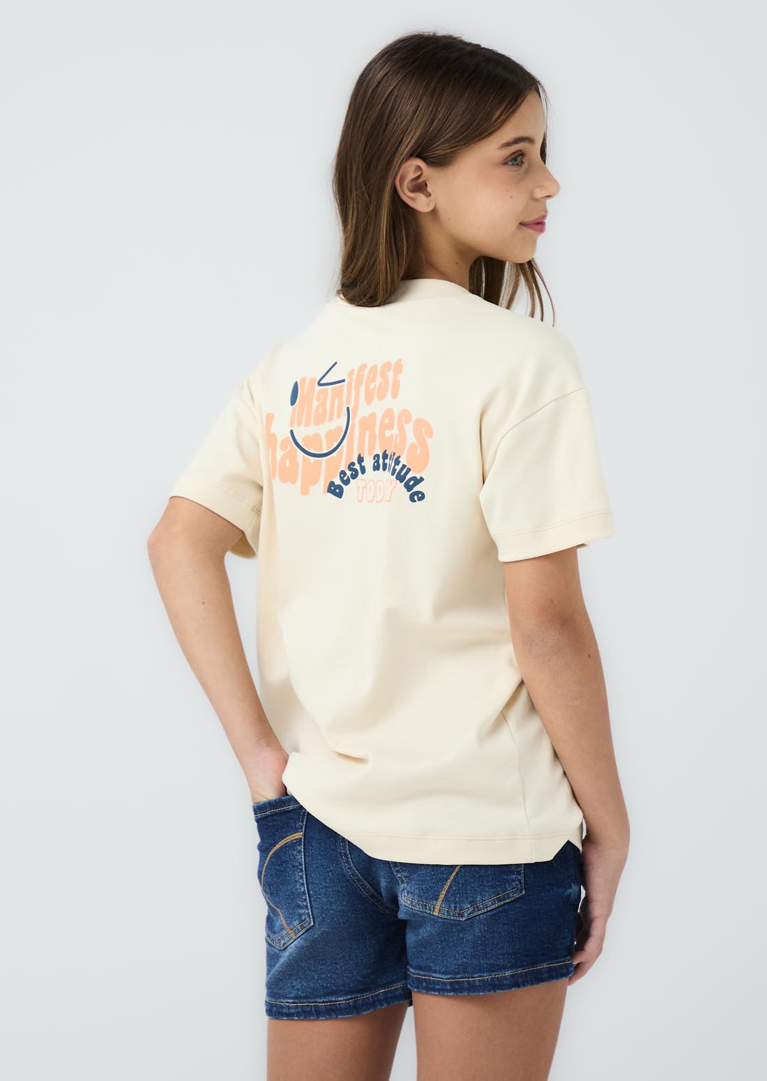 Camiseta beige estampada en ambas caras para niñas